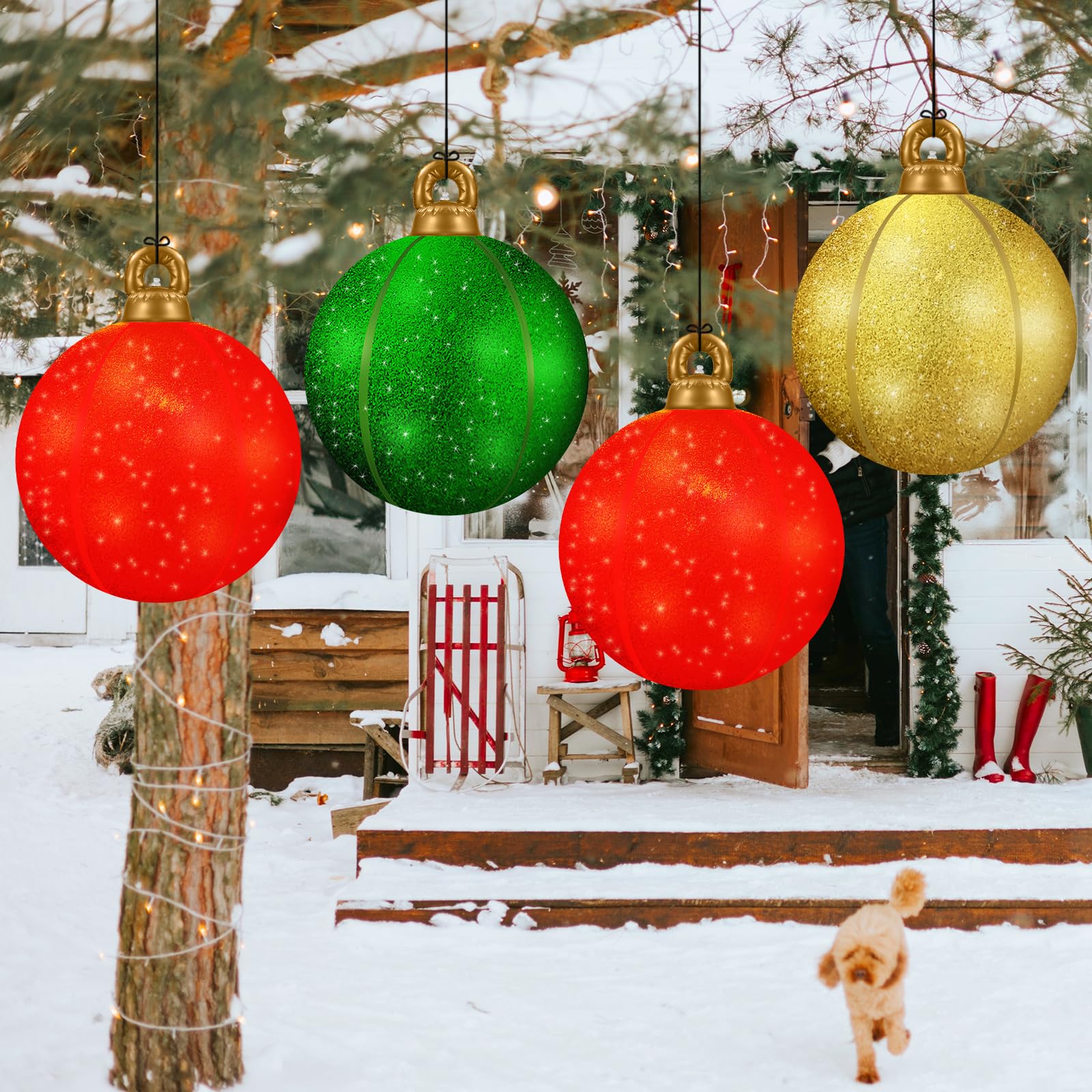 24 Inch Inflatable Christmas Ornament Balls, 3 Pack Large Glitter Blow Up Decorations - Sparkling Reusable Outdoor & Indoor Holi