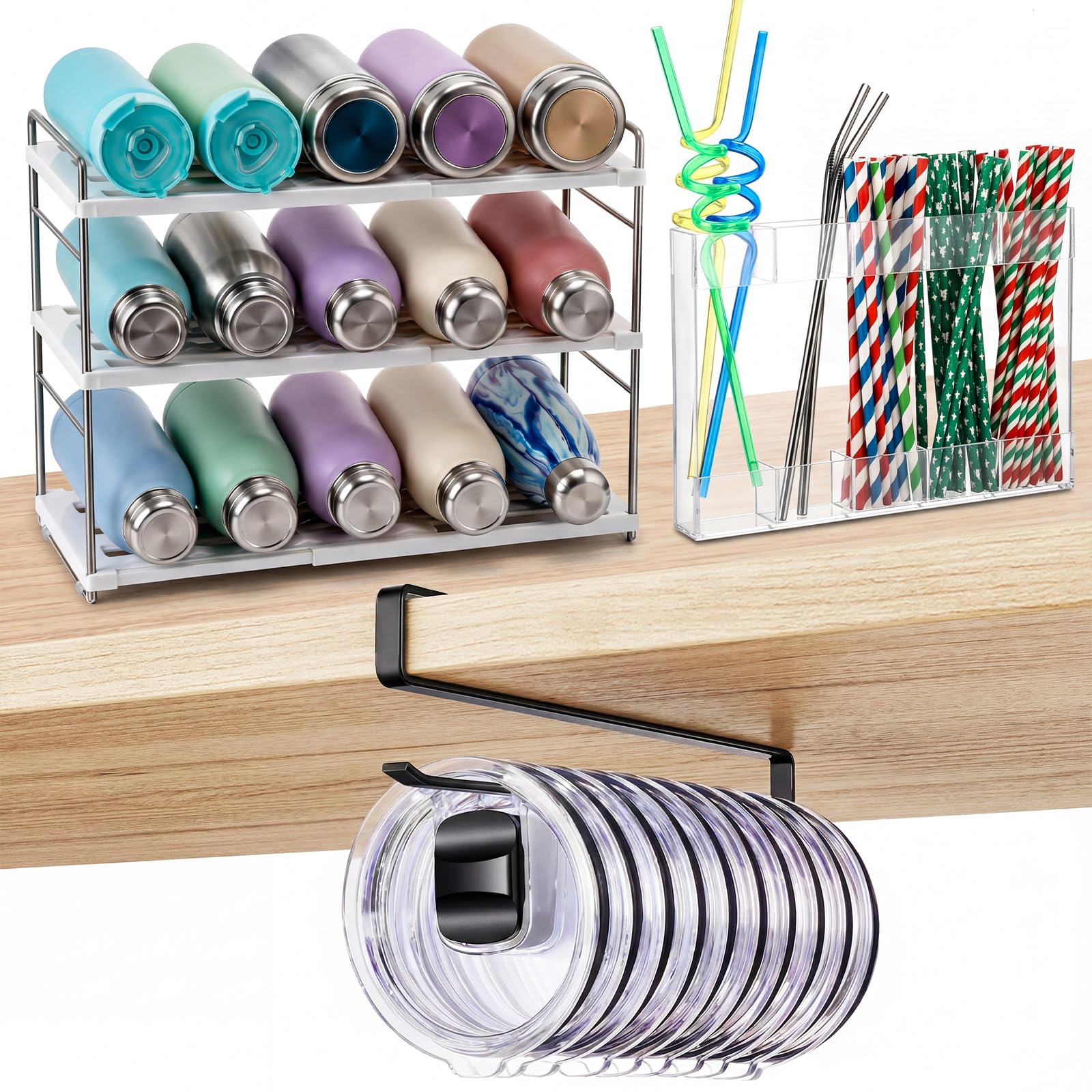 Sawysine 3 Pcs Kitchen Cabinet Organizer Set 3 Layer Stackable Water Bottle Holder & Iron Lid Organizer Adhesive Door Mounted Ac