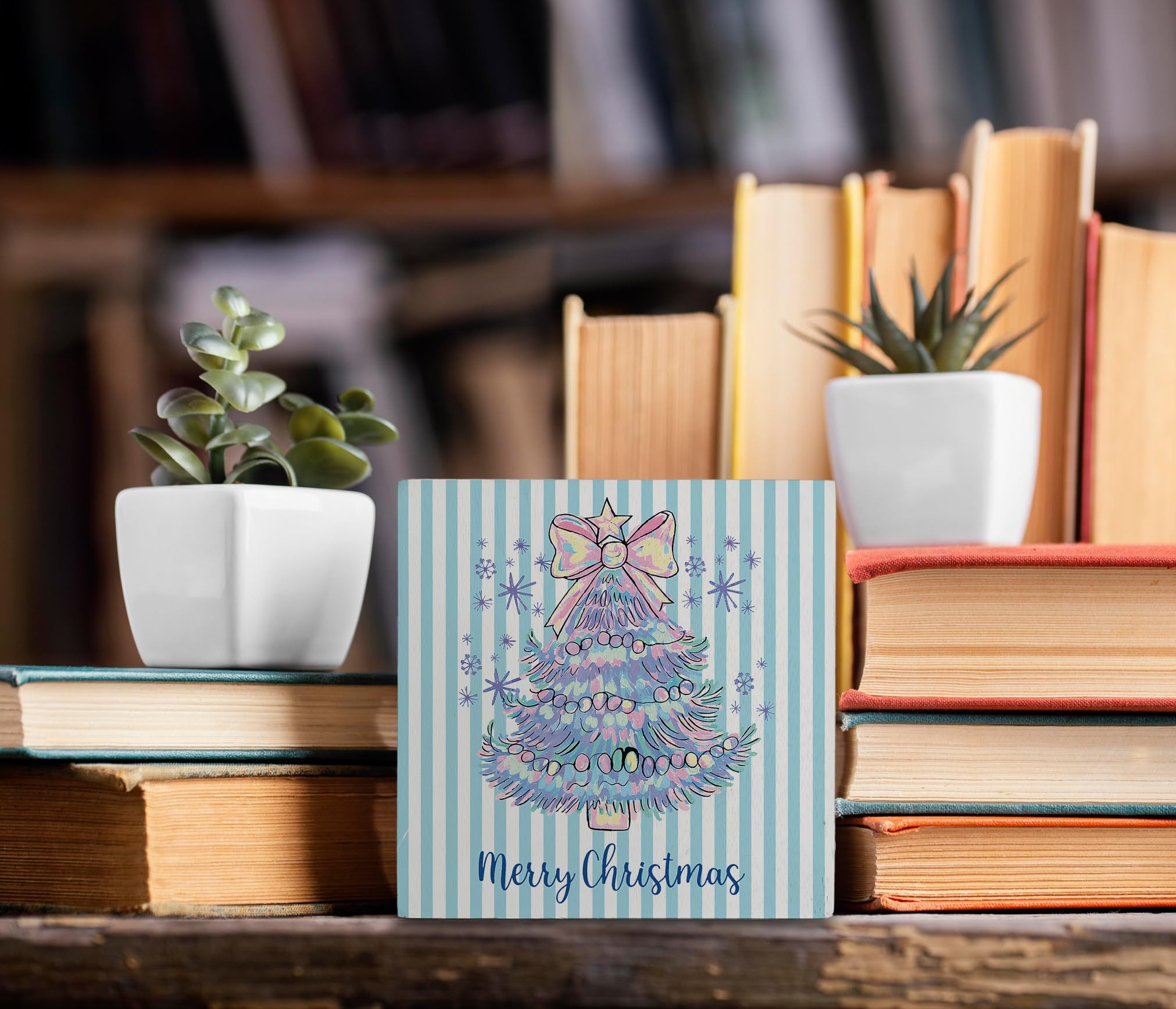 kunlisa Pastel Christmas Tree Wooden Sign, Preppy Christmas Desk Decor, Festive Colorful Xmas Tree Snowflake Striped Wood Box Si