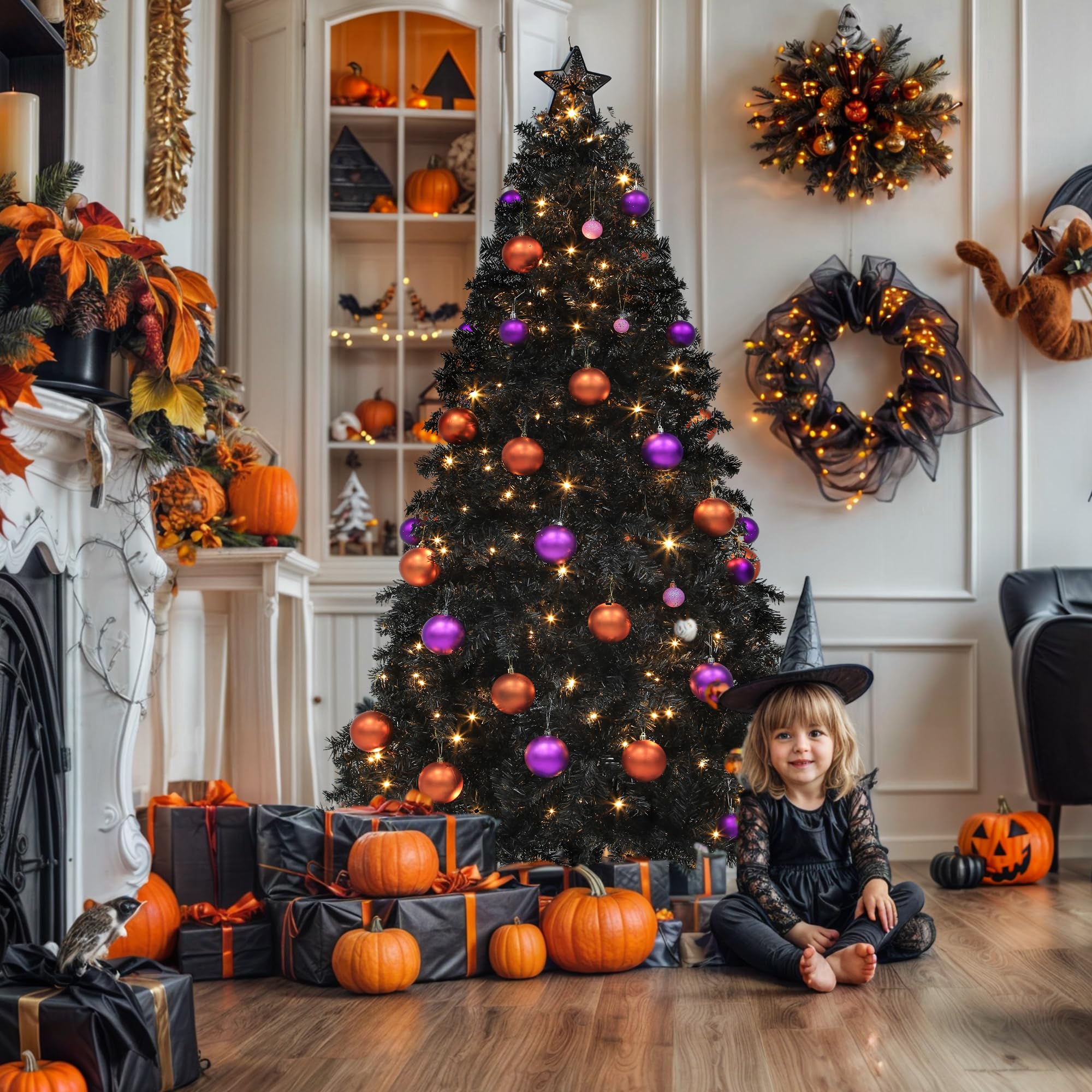 YITAHOME 7.5ft Prelit Black Halloween Artificial Christmas Tree with Remote Control, Hinged Christmas Tree Pine Tree for Home, O