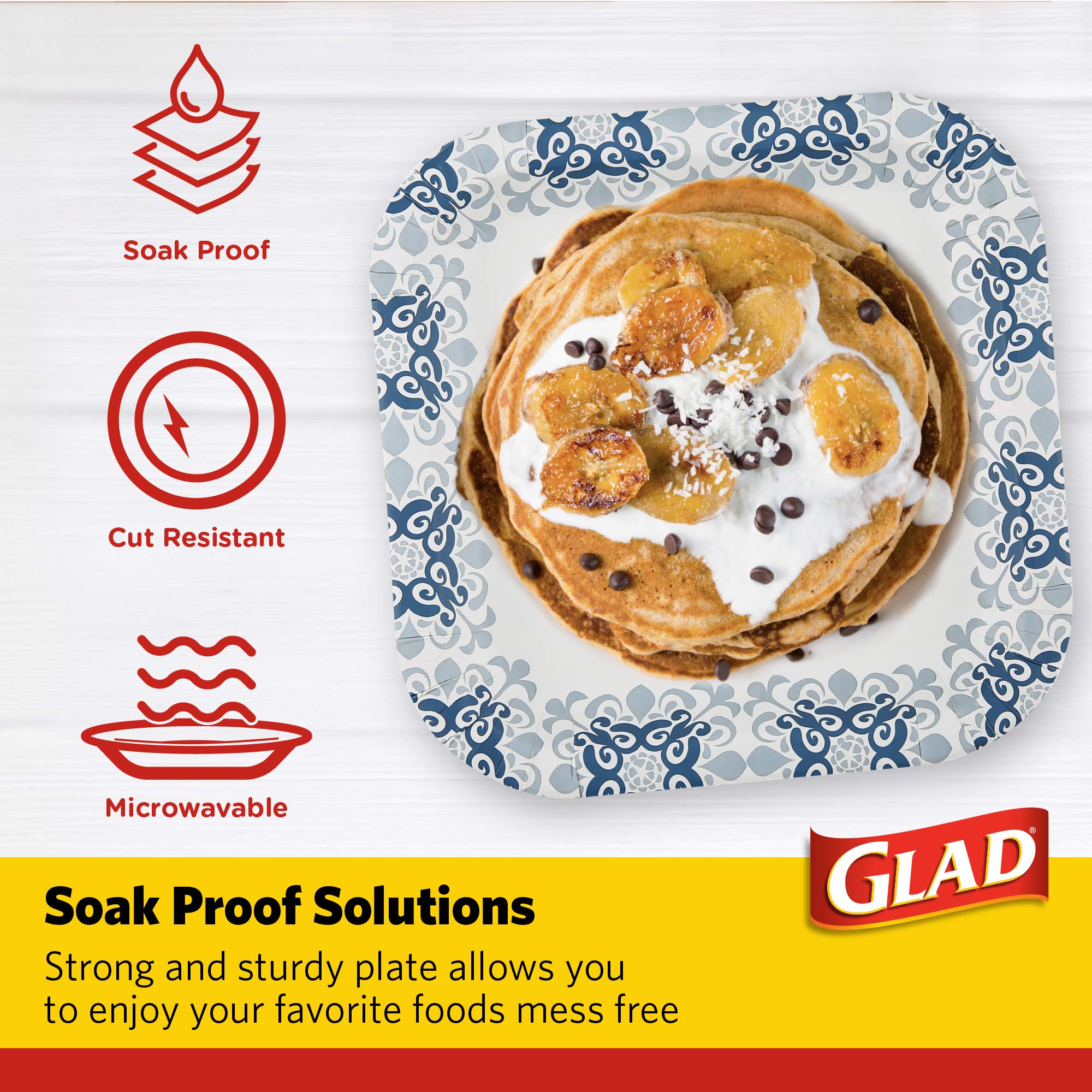 Glad 10 Square Paper Plates | Soak Proof Disposable Paper Plates | 50 Ct White Paper Plates With Blue Victorian Design, Strong