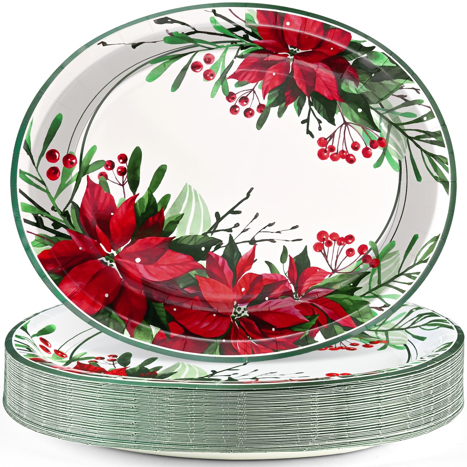 Homlouue 50PCS Christmas Oval Paper Plates - 12 x 10 Disposable Holiday Plates with Poinsettia Design, Heavy Duty Christmas Part