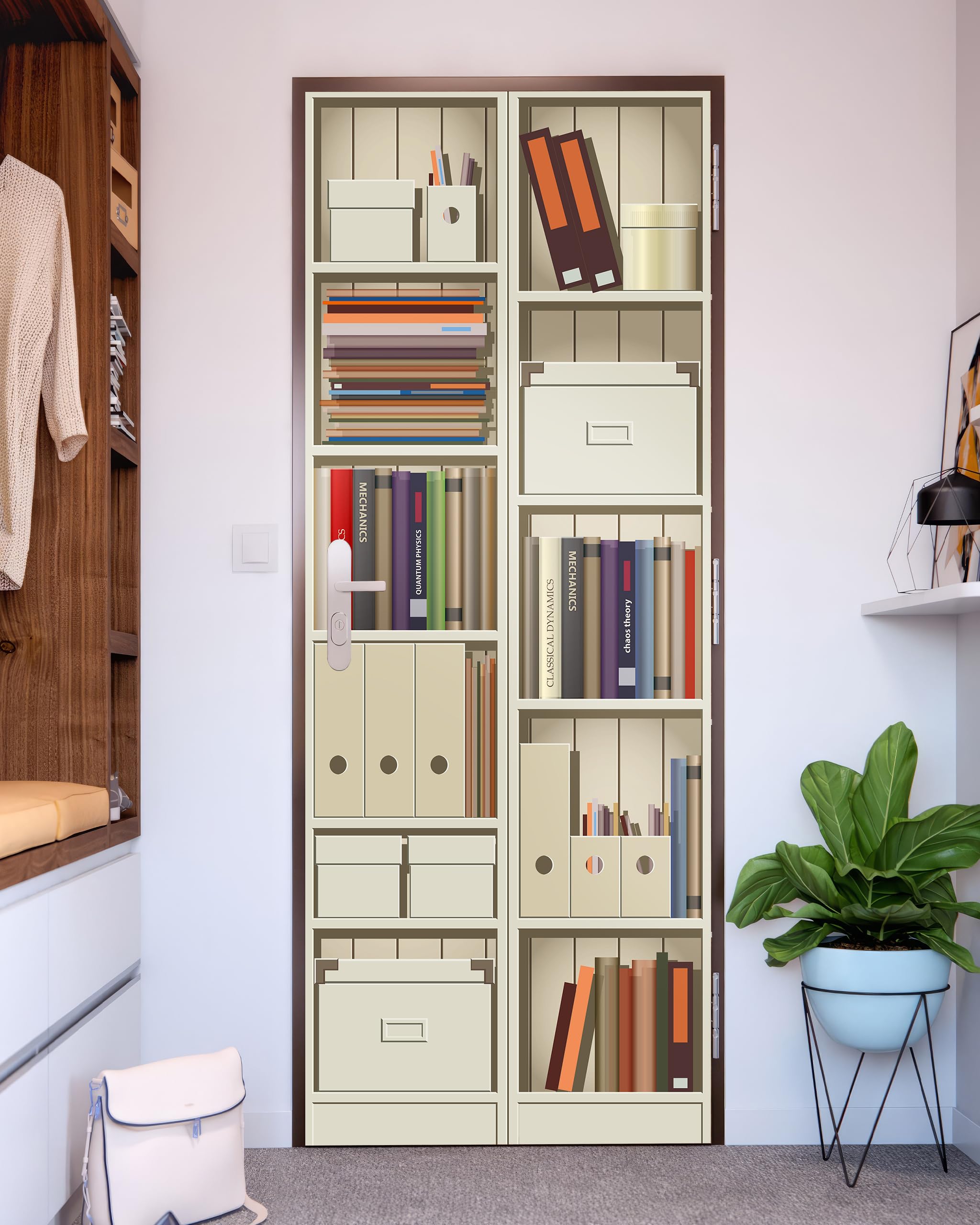 FLFK Door Mural Sticker - White Bookcase, Peel and Stick, Combined Size 30.3x78.7, Split into 2 Pieces