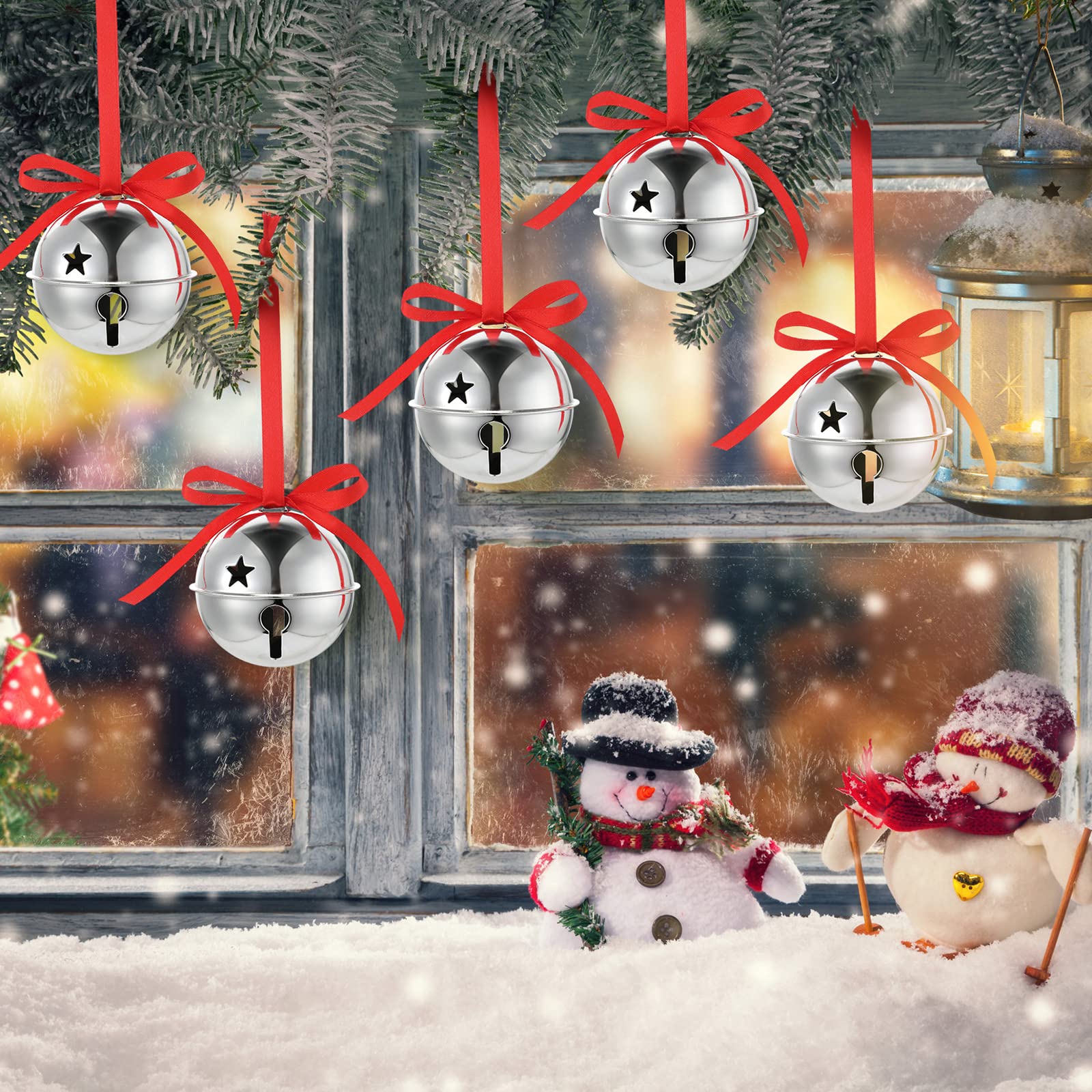 Roowest 12 Pieces Large Size Silver Christmas Star Bells Ornament 3.15 Inch Sleigh Jumbo Bells Christmas Tree Ornament with Ribb