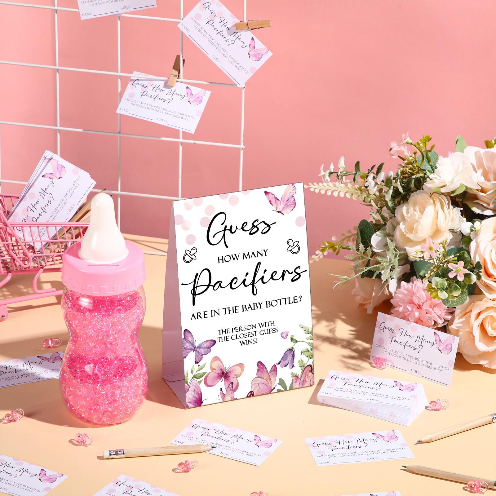 Roowest Baby Shower Games Guess How Many Pacifiers Greenery Game Sign 100 Small Guessing Games 10 Hb Pencils 750Ml Milk Bottle 4
