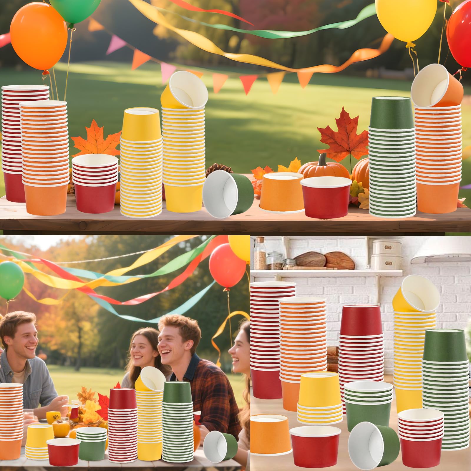 Grencian 120Pcs Fall Paper Bowls 12 oz Disposable Thanksgiving Ice Cream Bowls Fall Cups Soup Bowls Red Orange Yellow Green Snac