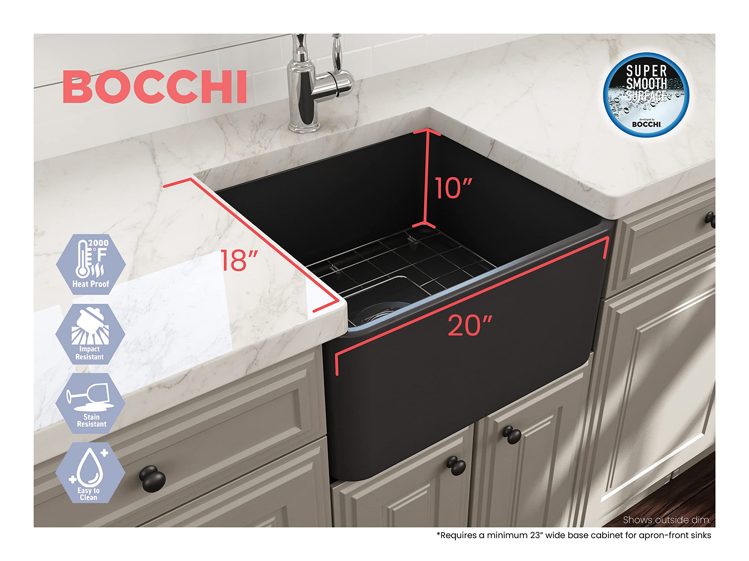 Bocchi Classico Farmhouse Apron Front Fireclay 20 In. Single Bowl Kitchen Sink With Protective Bottom Grid And Strainer In M.Dar