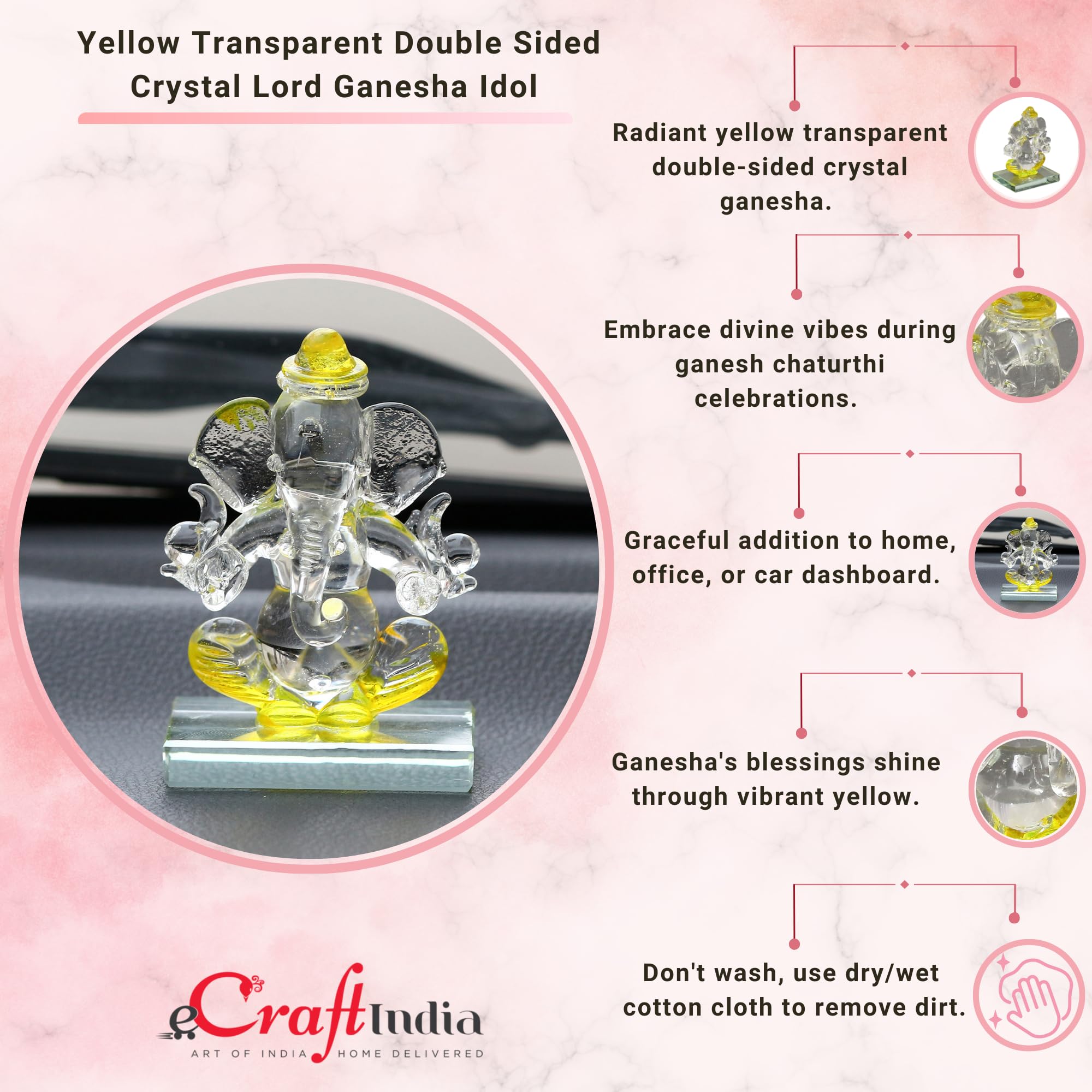 Ecraftindia Yellow And Transparent Double Sided Crystal Car Ganesha Showpiece