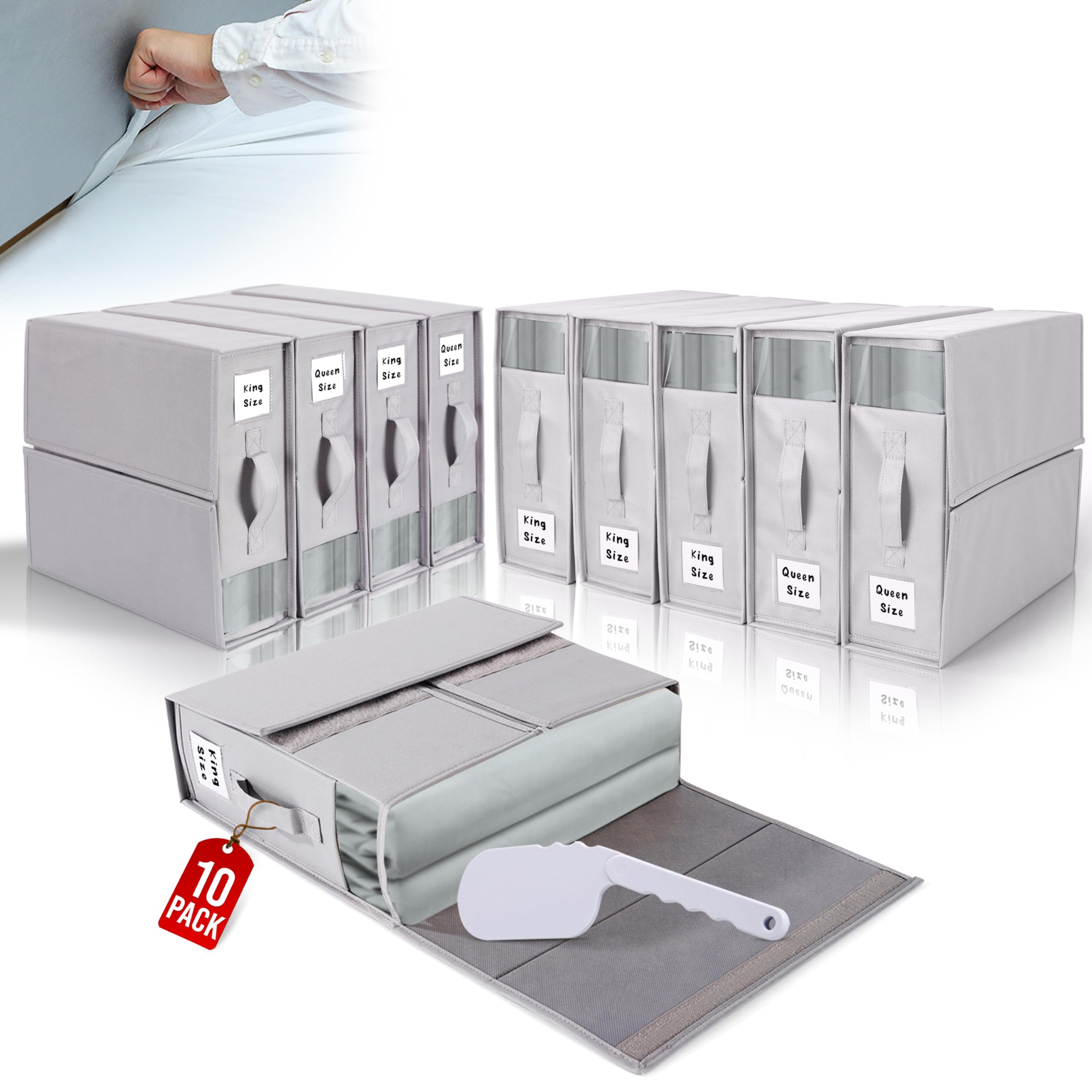 ALCOVA 10 Pack Bed Sheet Organizers with 1 Bed Sheet Tucker, Durable Material Used For Linen Closet Storage Solutions, Fits Quee