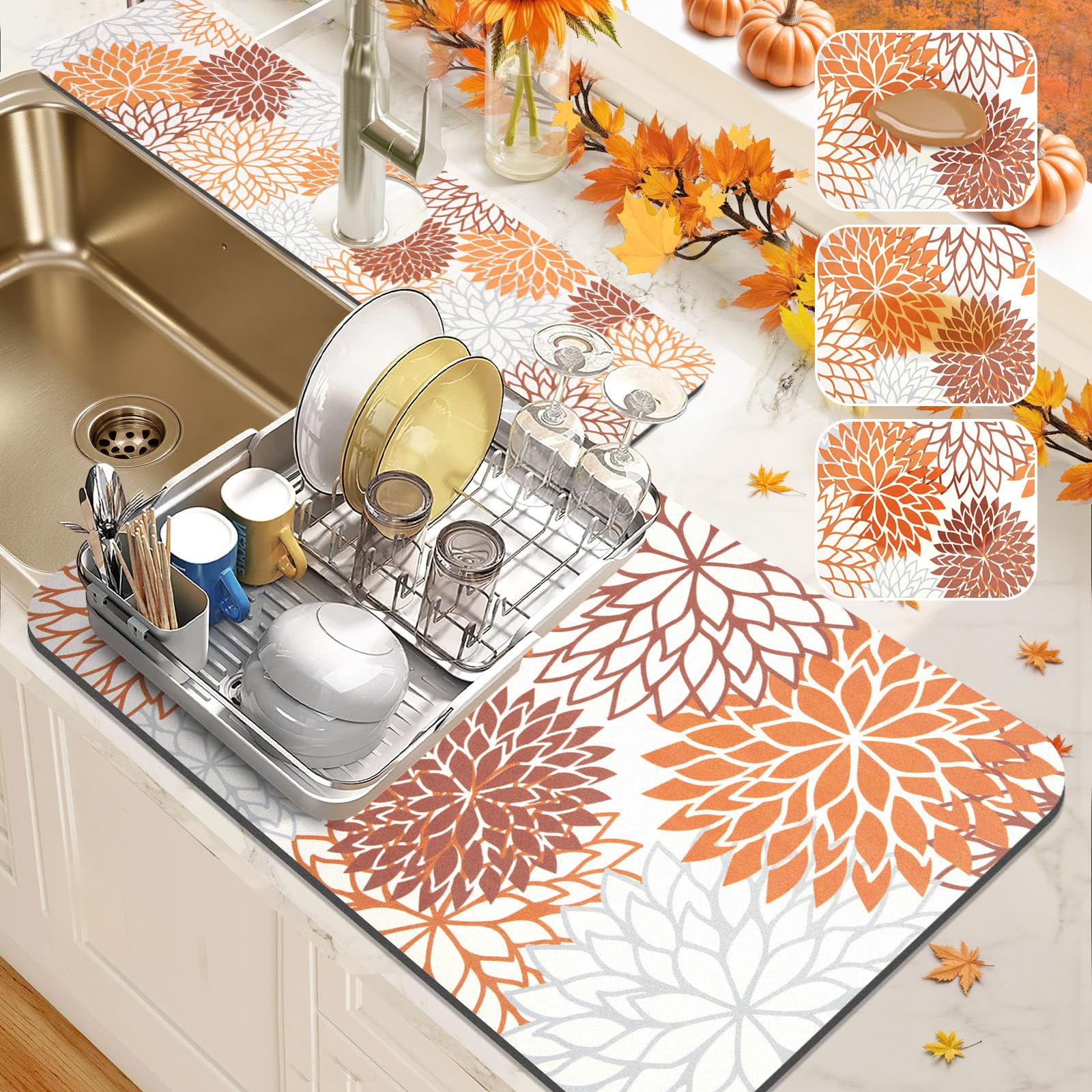 Findosom 2PCS 12 x 20 Fall Dish Drying Mat & 24 x 5.5 Sink Splash Guard, Super Absorbent & Cuttable Dish Mat Drying Kitchen Mat 