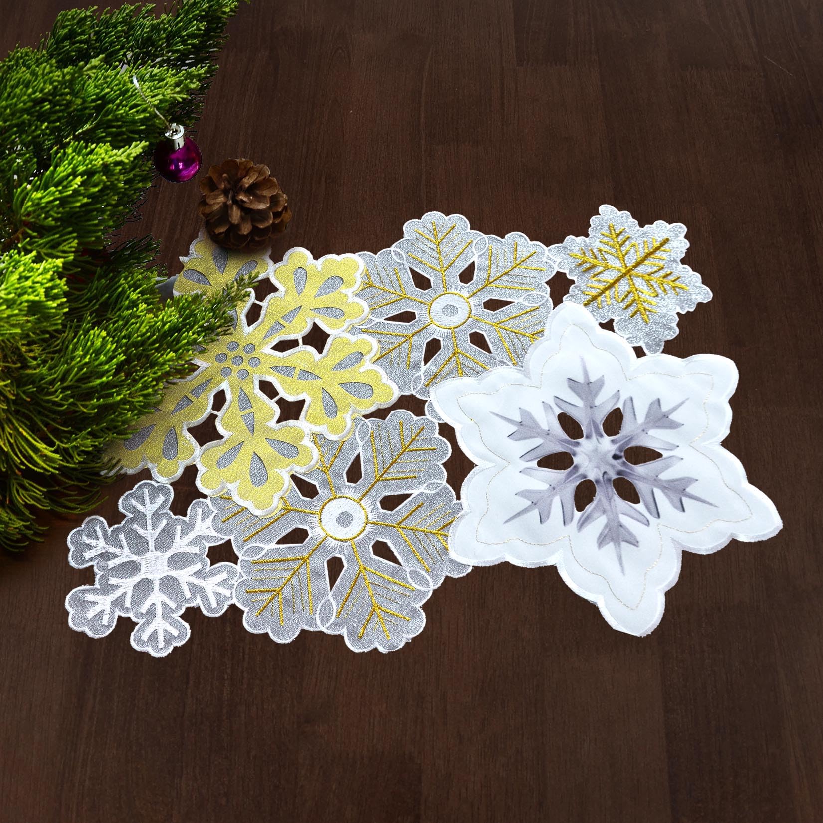 Grelucgo Set Of 4 Machine Embroidered And Hand Cut Silver And Gold Winter Snowflakes Table Place-Mats For Christmas Holiday (13