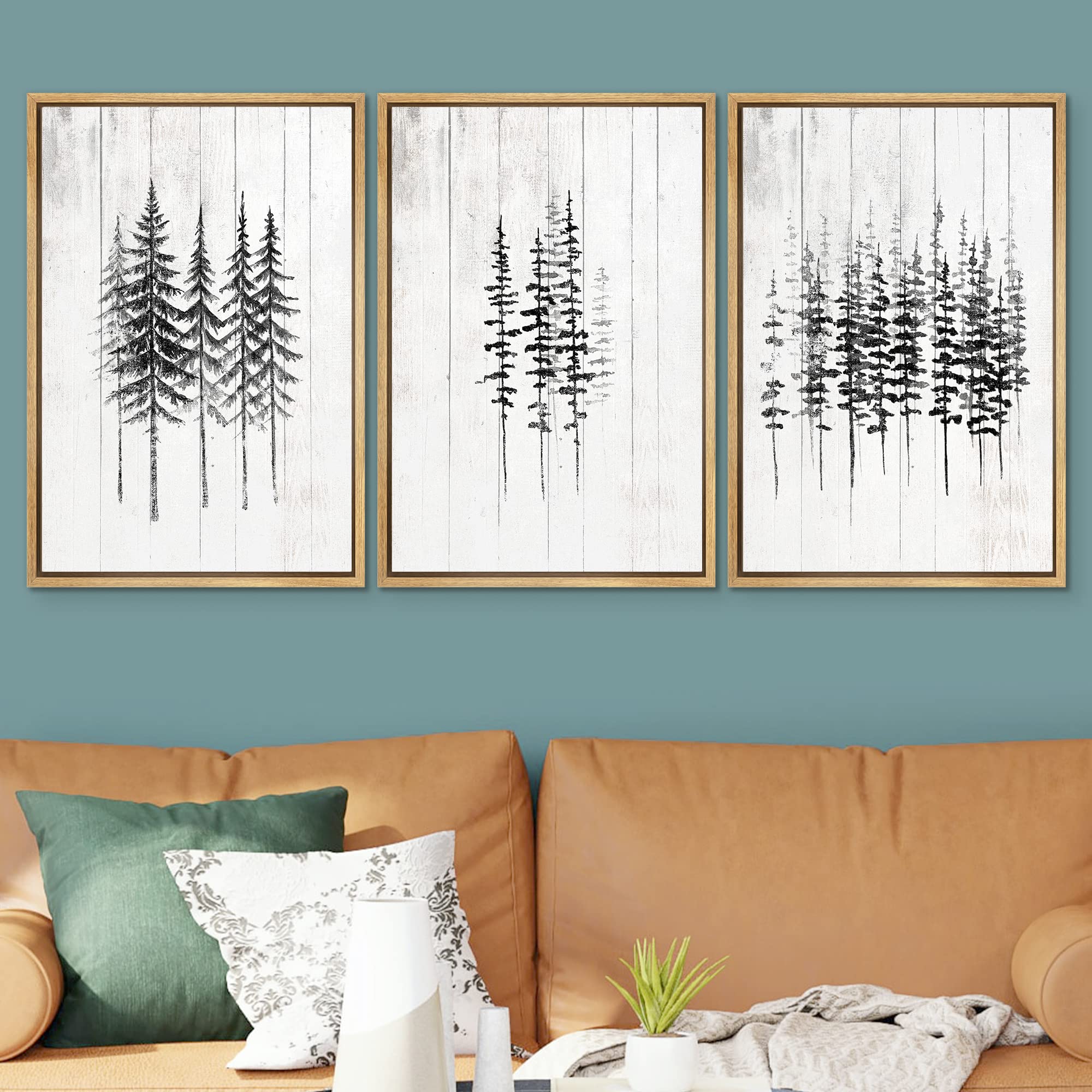 Signwin Framed Canvas Print Wall Art Group Of Black And Gray Trees Decorative Shapes Illustrations Modern Art Rustic Relax/Calm