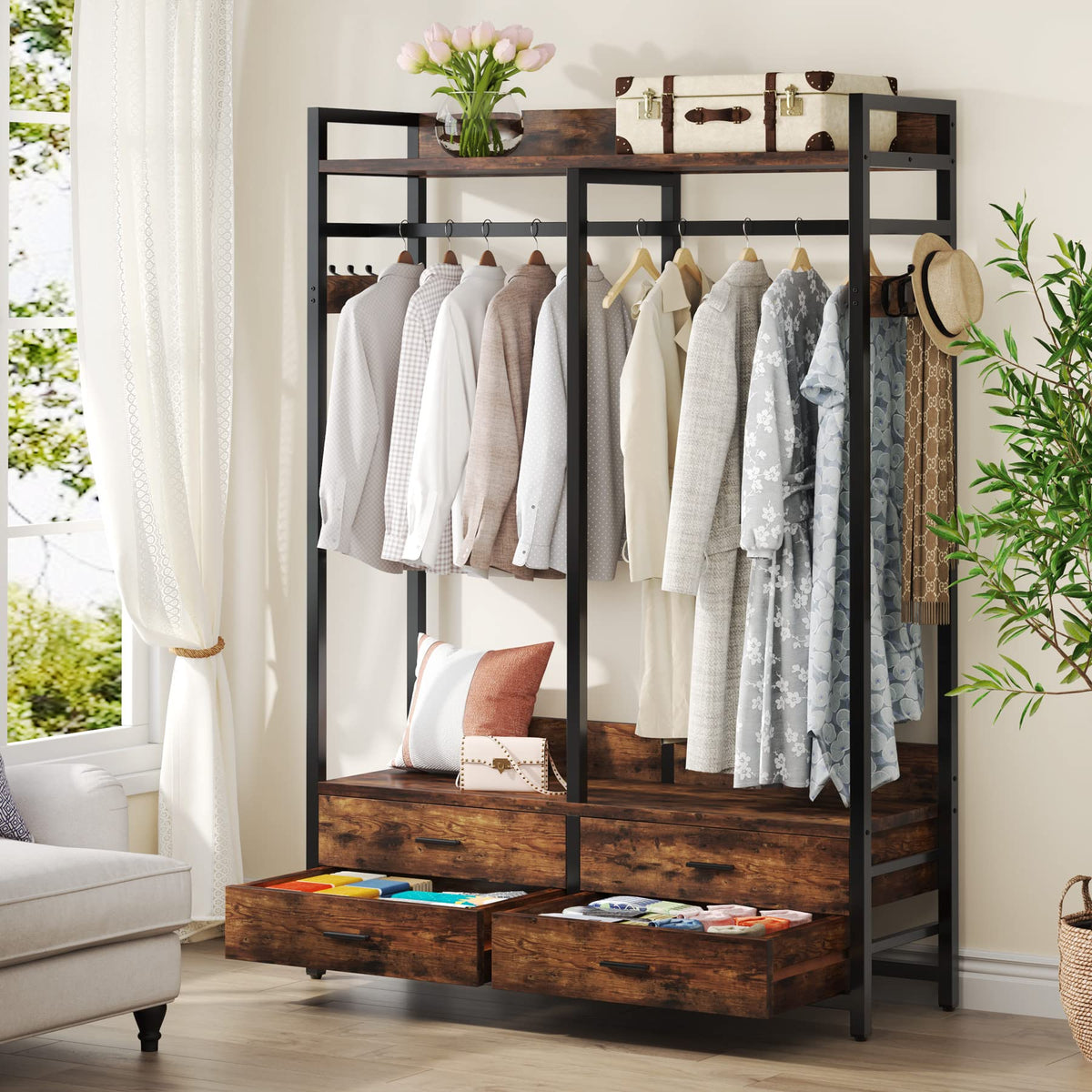 Tribesigns Freestanding Closet Organizer For Hanging Clothes, Heavy Duty Garment Rack With 4 Drawers, 8 Hooks And Storage Shelve