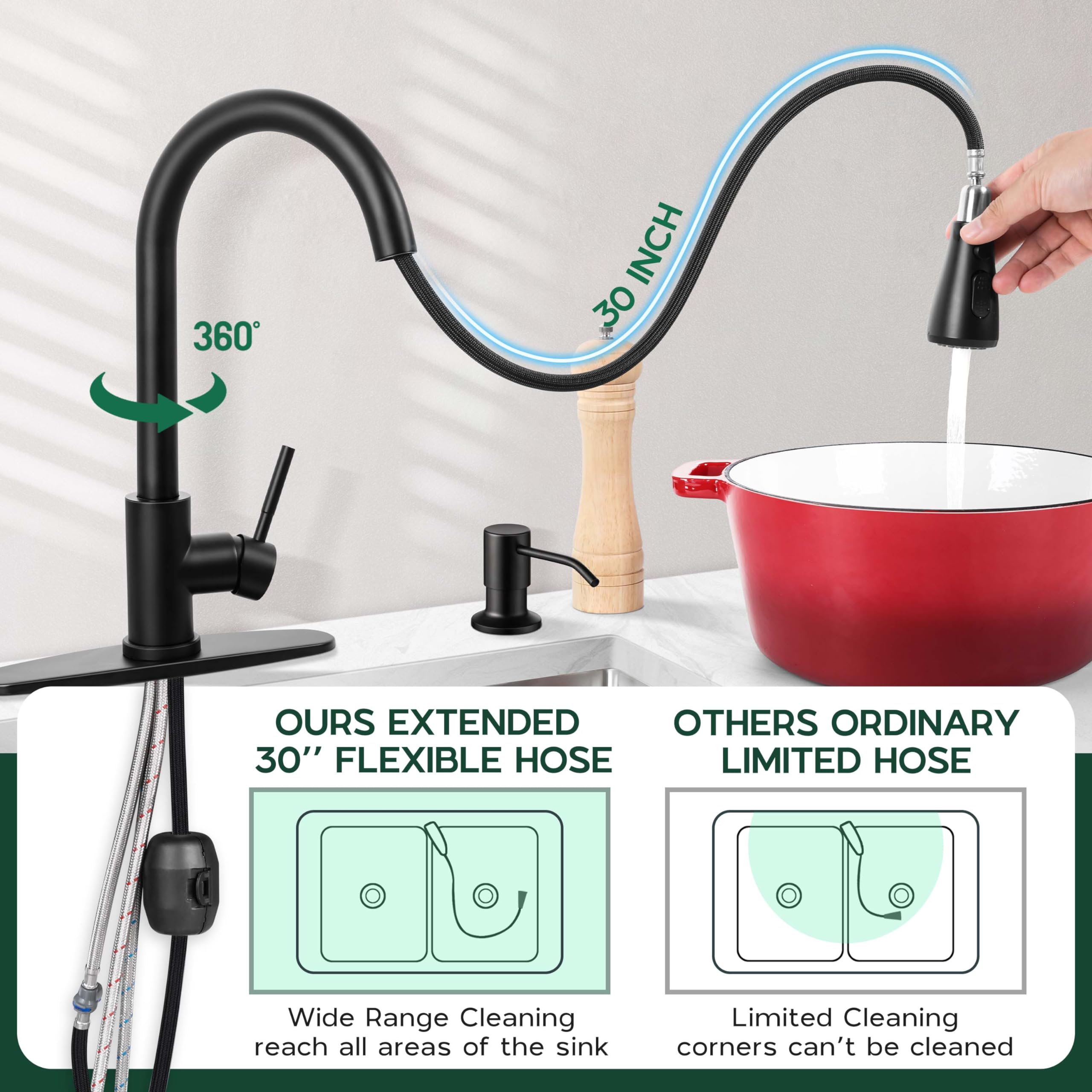 Onader Black Kitchen Faucet With Soap Dispenser Stainless Steel Single Handle Kitchen Sink Faucet With Pull Down Sprayer For Sin