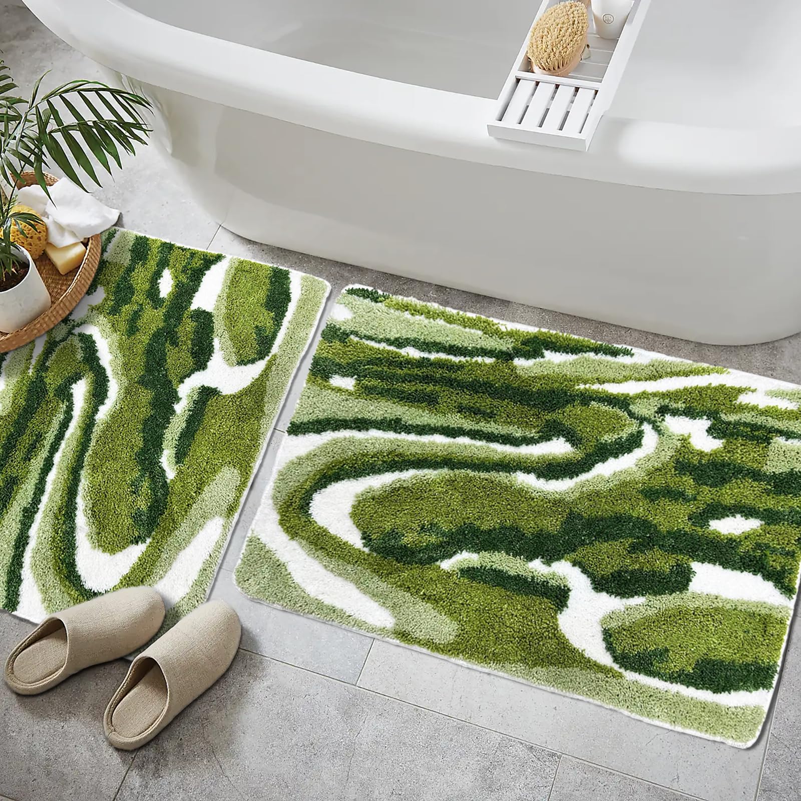 Homantic Bathroom Rugs Sets 2 Piece, Green Natural Scenery Bath Mat Set, Absorbent Bath Mats For Bathroom Floor Set Of 2, Green