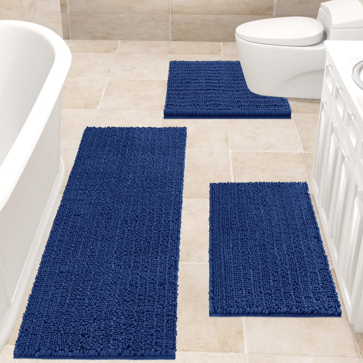 Accumtek Upgrade Extra Large Blue Bathroom Rug Set 3 Pieces Ultra Soft, Thick Absorbent Bath Mats, Non Slip Chenille Toilet Mat
