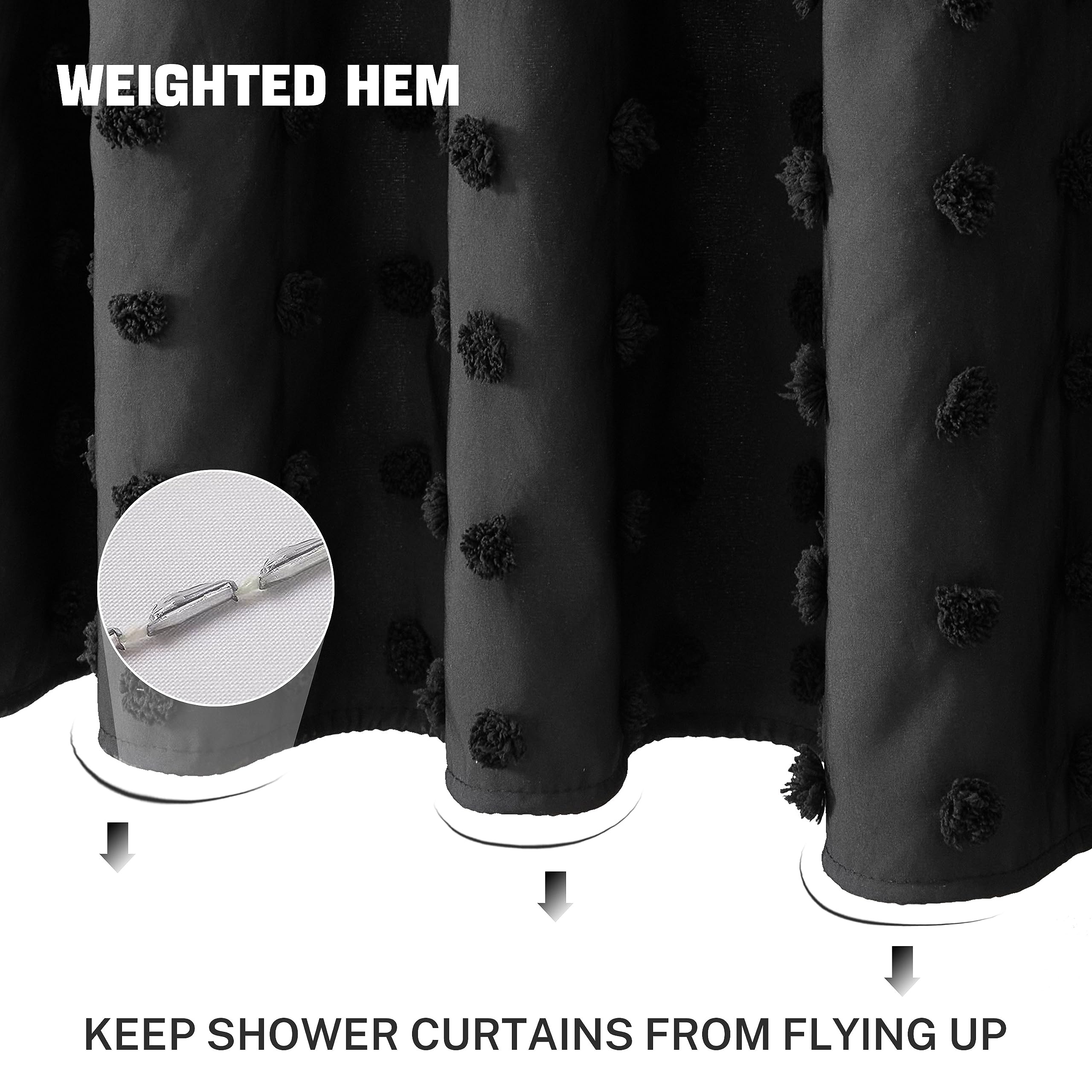 Siiluminisoy Extra Long Black Boho Shower Curtain Woven Fabric Cute Shower Curtain, 72 X 78 Tufted Pleat Floral Textured Modern