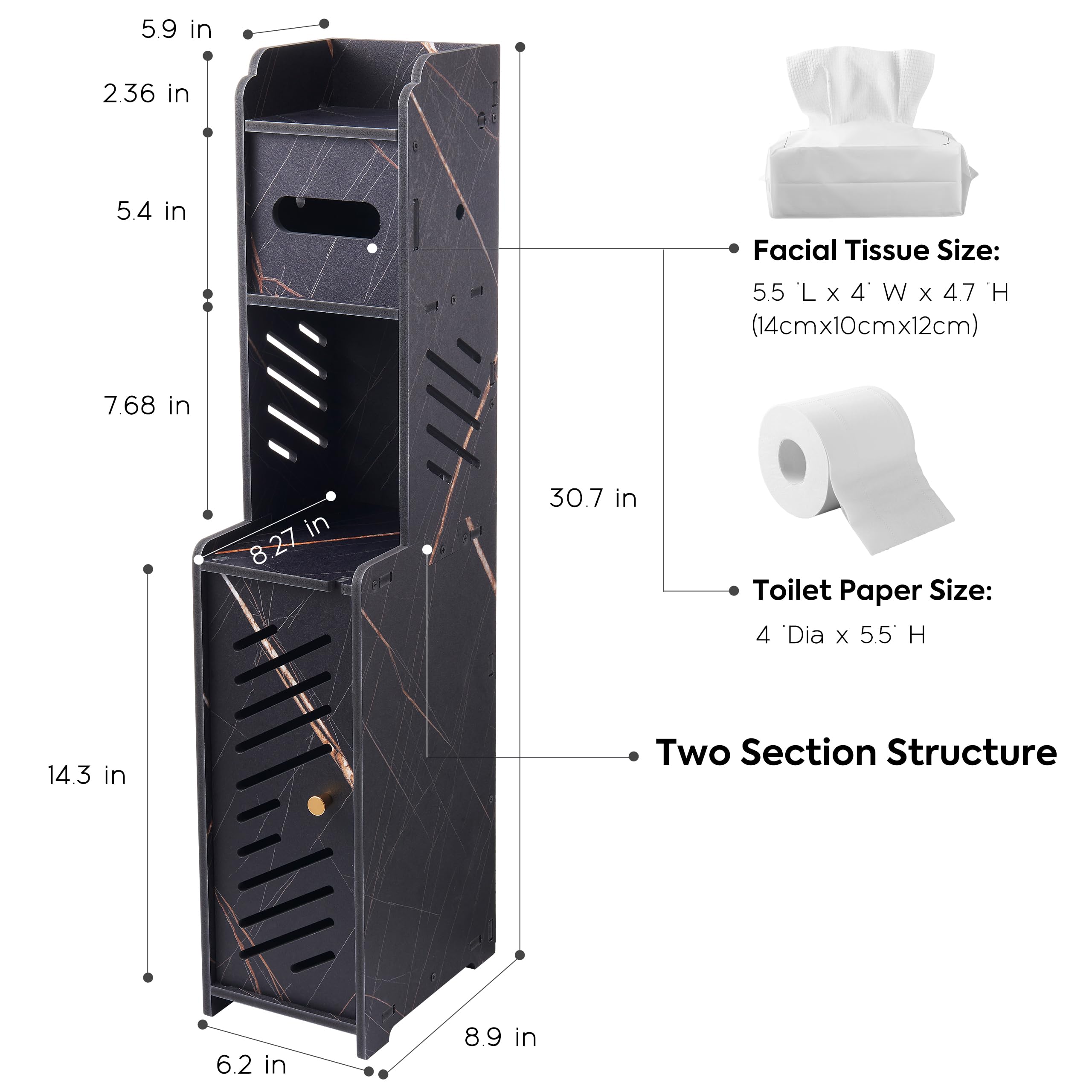Doxo Black Slim Toilet Paper Holder Stand, Bathroom Storage Cabinet for Small Space, Bathroom Cabinet Organizer with Door