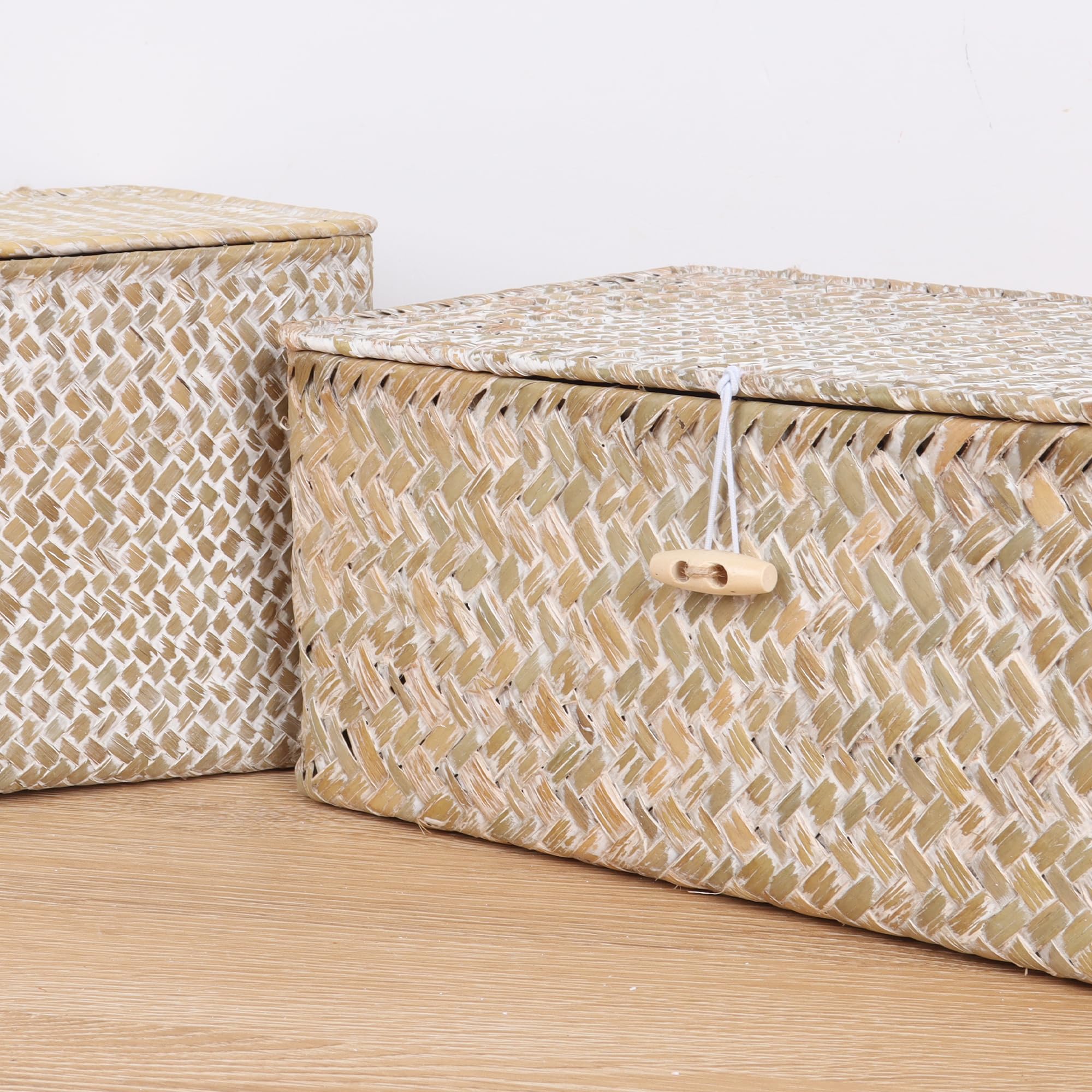 Feialnduo Wicker Shelf Baskets With Lid,Seagrass Storage Basket Bins Rectangular Handwoven Basket Boxes For Shelves Desktop Home