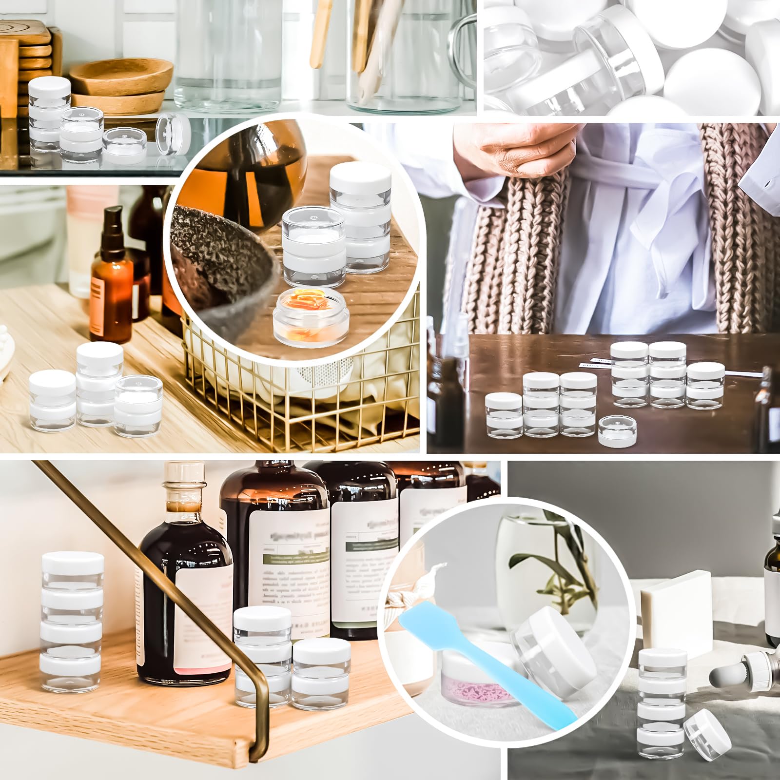 Motbach 100 Pcs 5G Empty Plastic Containers With White Lids,Mini Makeup Sample Containers, Small Sample Pot Jars Round Cosmetic