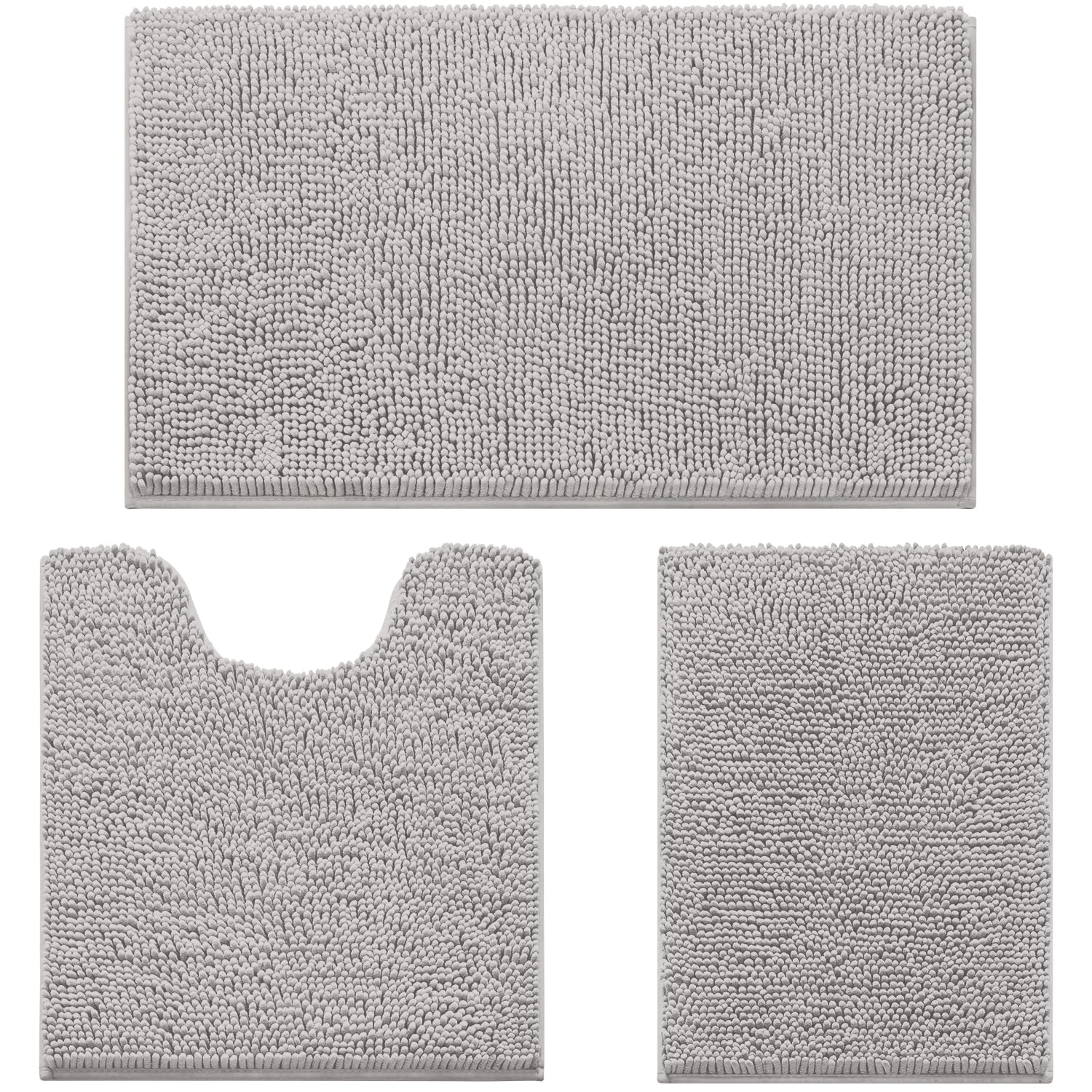 HOMEIDEAS 3 Pieces Bathroom Rugs  Ultra Soft Non Slip Absorbent Chenille Toilet Bath Mat Set (Light Grey)