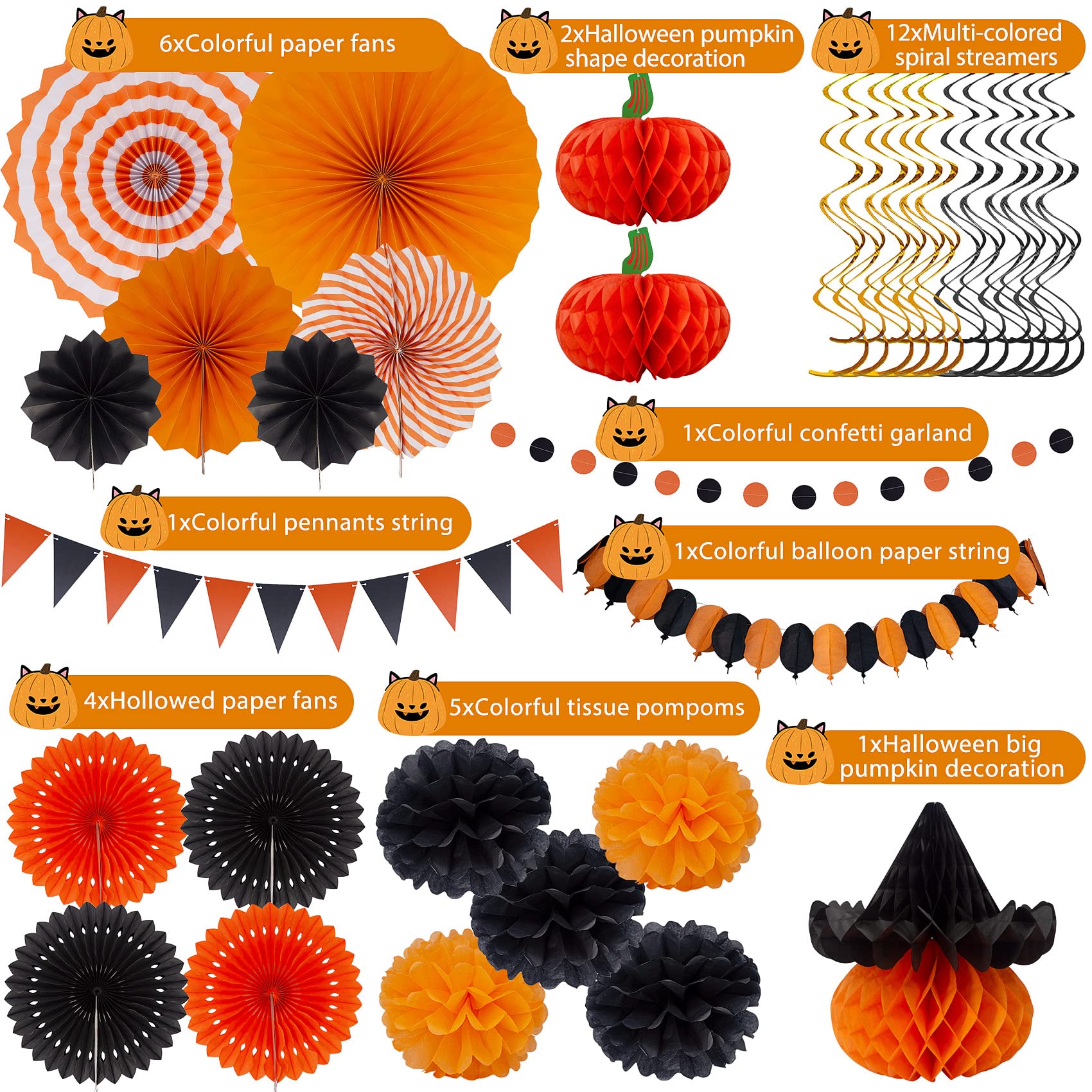 Halloween Party Decoration Festival Set - Huryfox 33pcs Birthday Bunting Decorations Paper Pom Poms Supplies Garland Hanging Honeycomb Balls Suitable for Halloween Garden Indoor Home D?cor