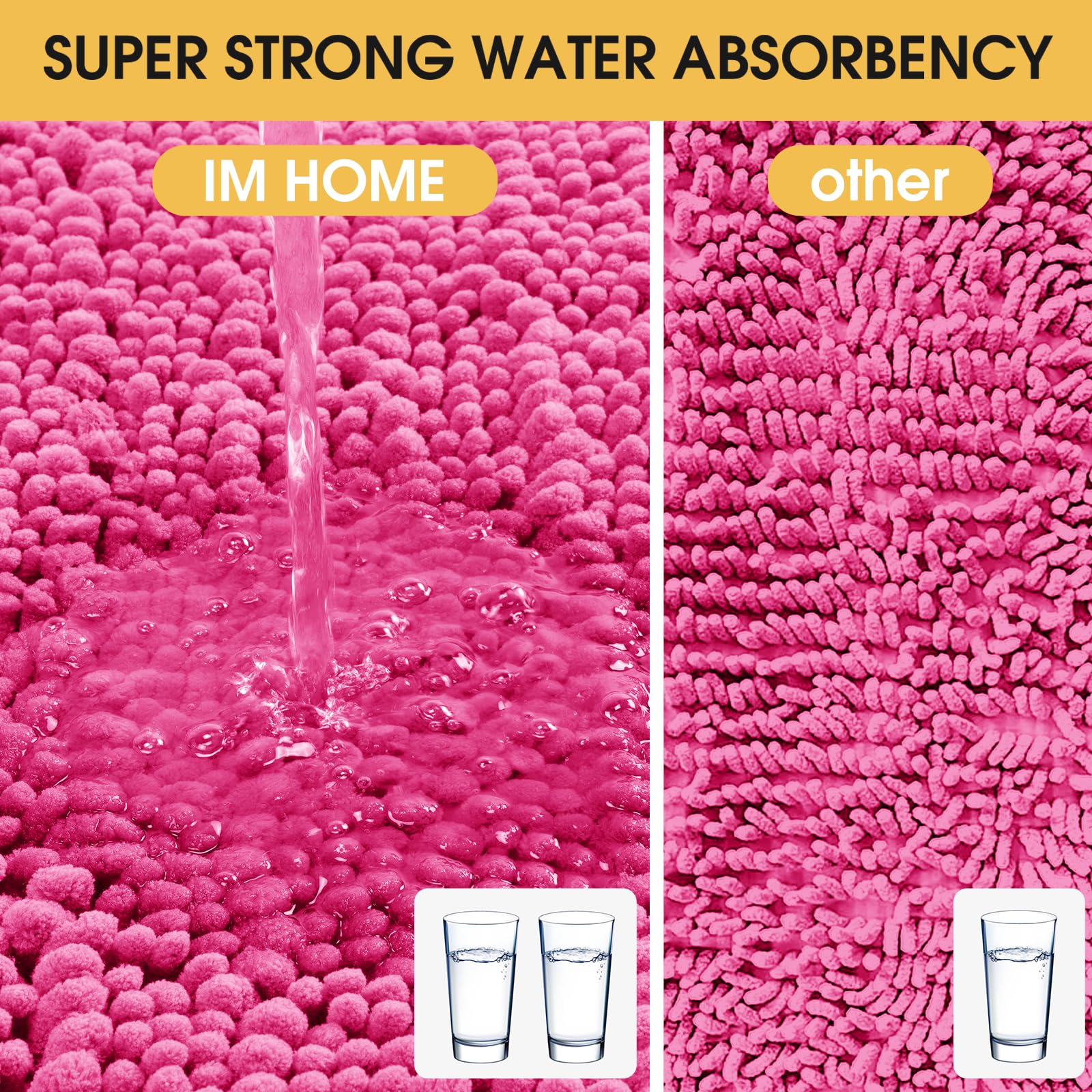 Accumtek Upgrade Extra Large Shiny Pink Bathroom Rug Set 3 Pieces Ultra Soft, Thick Absorbent Bath Mats, Non Slip Chenille Toile