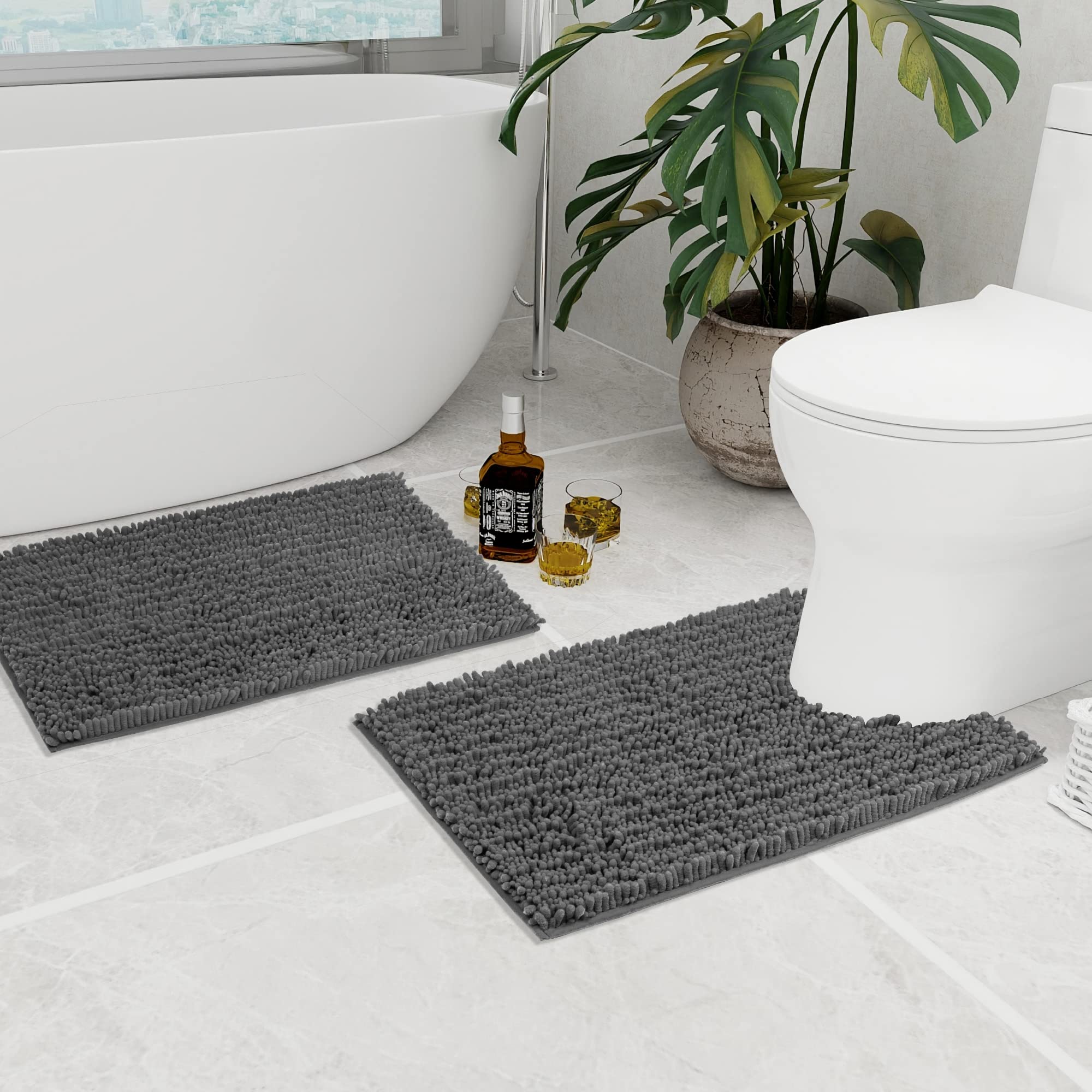 Walensee Bathroom Rug 2 Pieces Set Non Slip Bath Mat (20''X32'' Plus 20''X24'' U Grey/Gray) Water Absorbent Super Soft Shaggy Ch