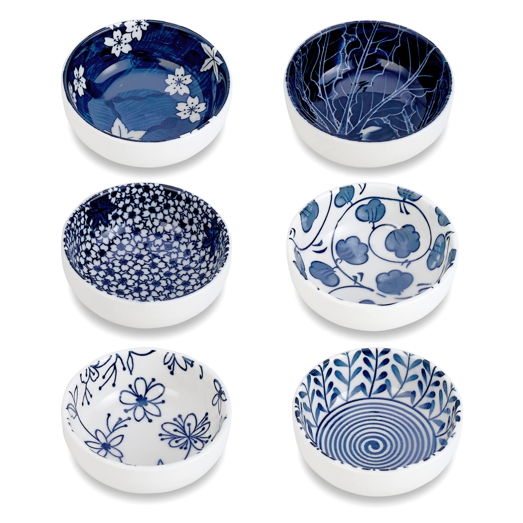 Ceramic Dipping Bowls,3 Inch Pinch Bowls Set Side Sauce Cups,Dishes For Sushi,Snack And Soy,Bbq,2.5 Oz Blue And White Mini Bowls