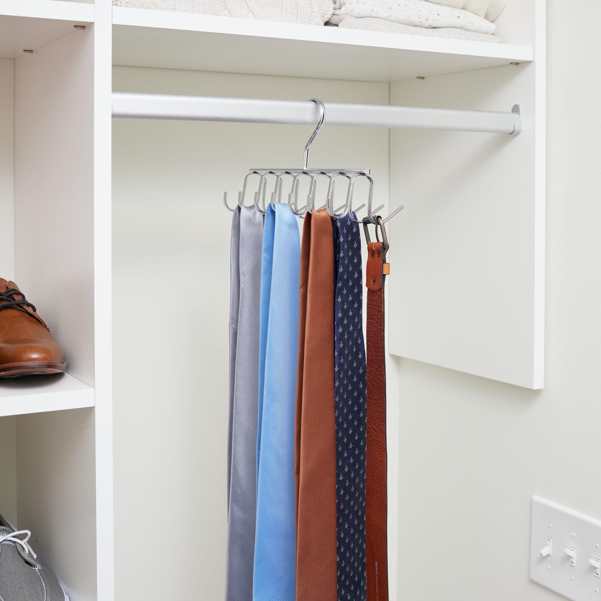 iDesign Axis Metal Hanger  Hanging Closet Organization Storage Holder  Men's Ties  Women's Shawls  Pashminas  Scarves  Clothing  Accessories  14 Hooks  Tie and Belt Rack Silver