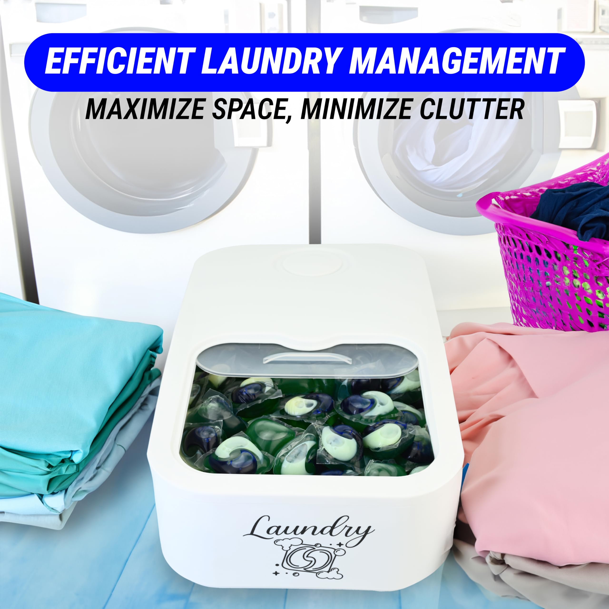Skywin Laundry Pod Container With Slide Lid (White With Print) -15   X8.7   X4.5   - Holds 11 Pounds, Fits 2 Bottles Of Laundry