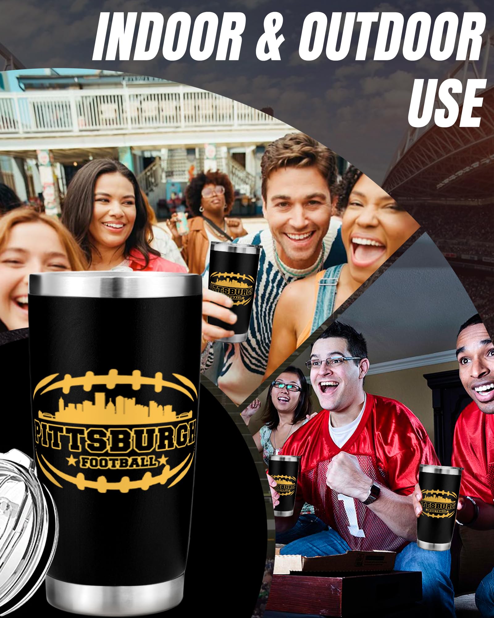 Football Fan 20 Oz Insulated Travel Coffee Cup Mug Tumbler with Lid Pittsburgh Themed Merch Shop Men Women Sport Stuff Gear Stee