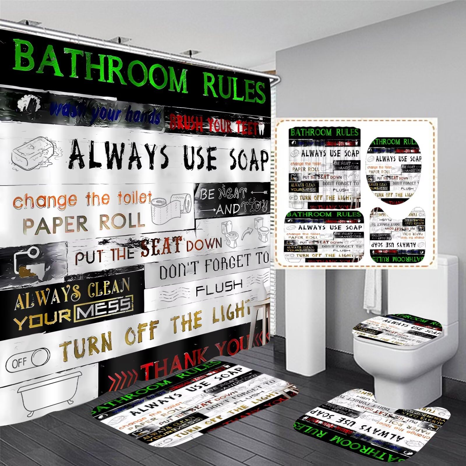 Azhm Letter Plank Pattern Shower Curtain Set For Bathroom 4 Pcs Black Bathroom Accessory Decor Sets With Shower Curtain And Rugs