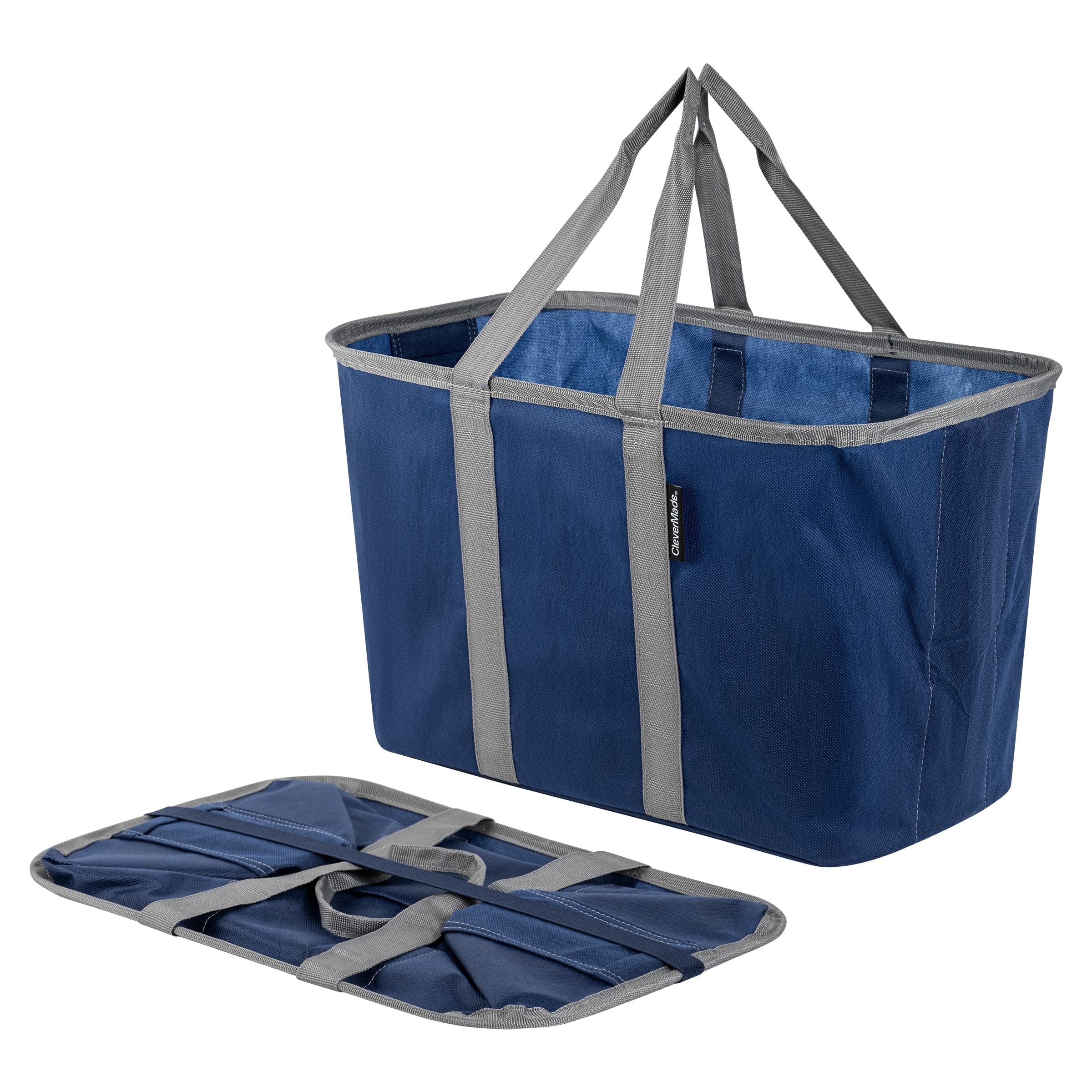 CleverMade EcoBasket Reusable Grocery Tote - 30L - Pack of 1 - Blue Gray - Collapsible Storage Shopping Organizer - Heavy Duty U