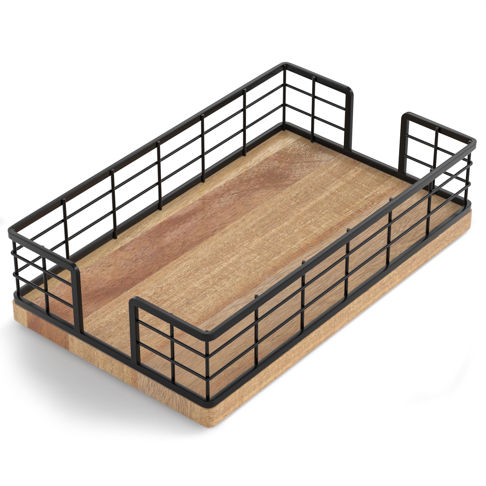 Wican Guest Towel Holder Tray for Bathroom, Acacia and Iron Napkins Holder for Powder Room Dinning Table Wooden Basket for Dispo
