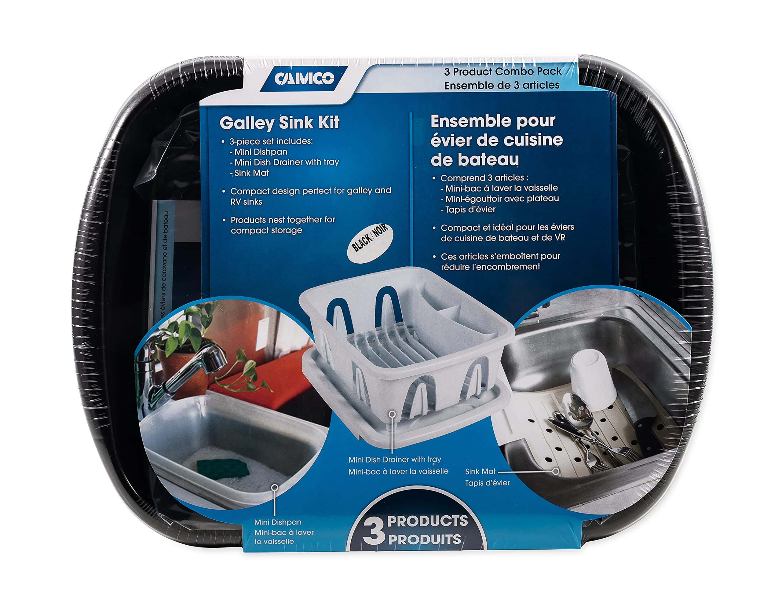 Camco 43518 Black Sink Kit With Dish Drainer, Dish Pan And Sink Mat