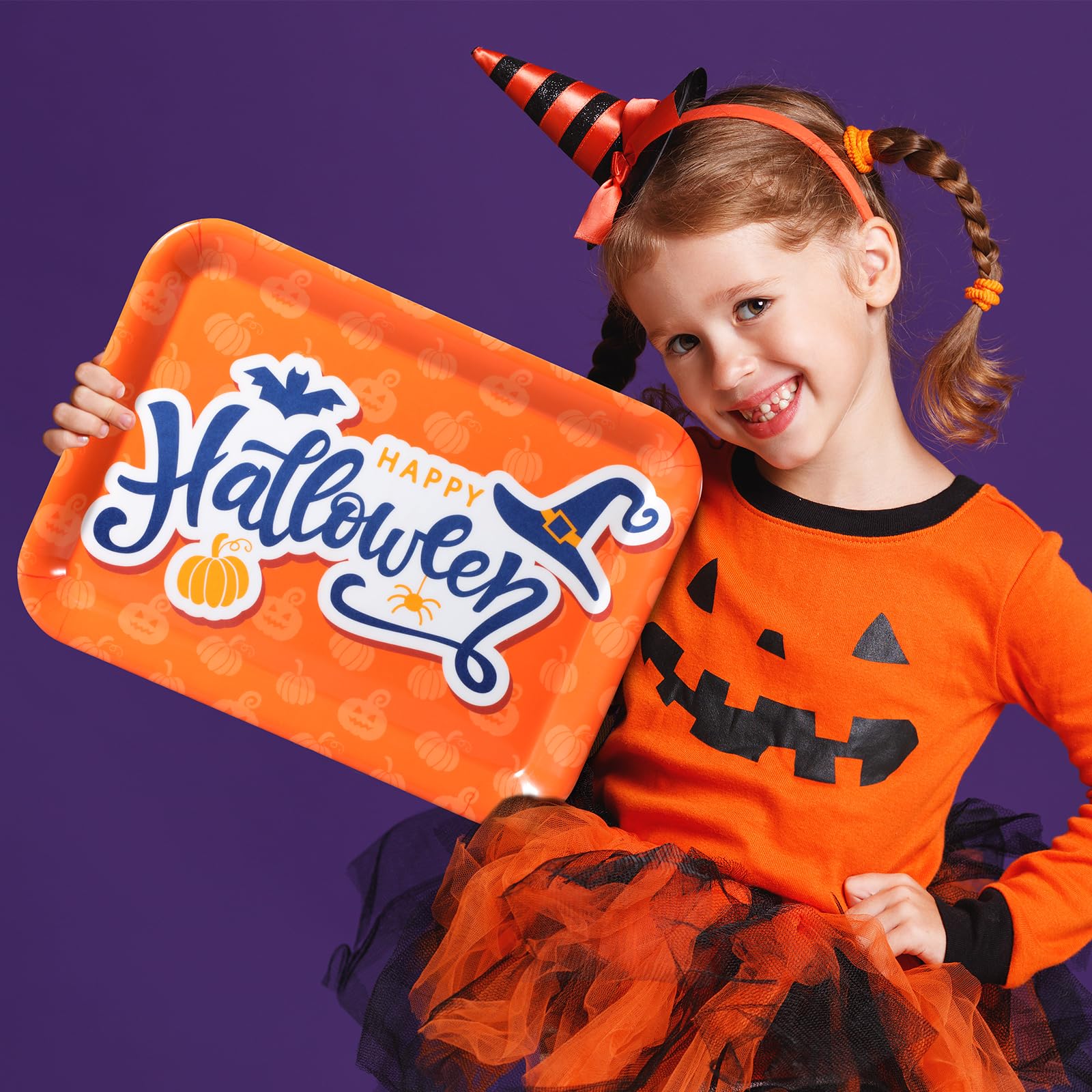 3 Pcs 13 X 10 Inch Halloween Serving Tray, Reusable Serving Dishes, Melamine Black Orange Purple Platter, Pumpkin Bat Witch Hat