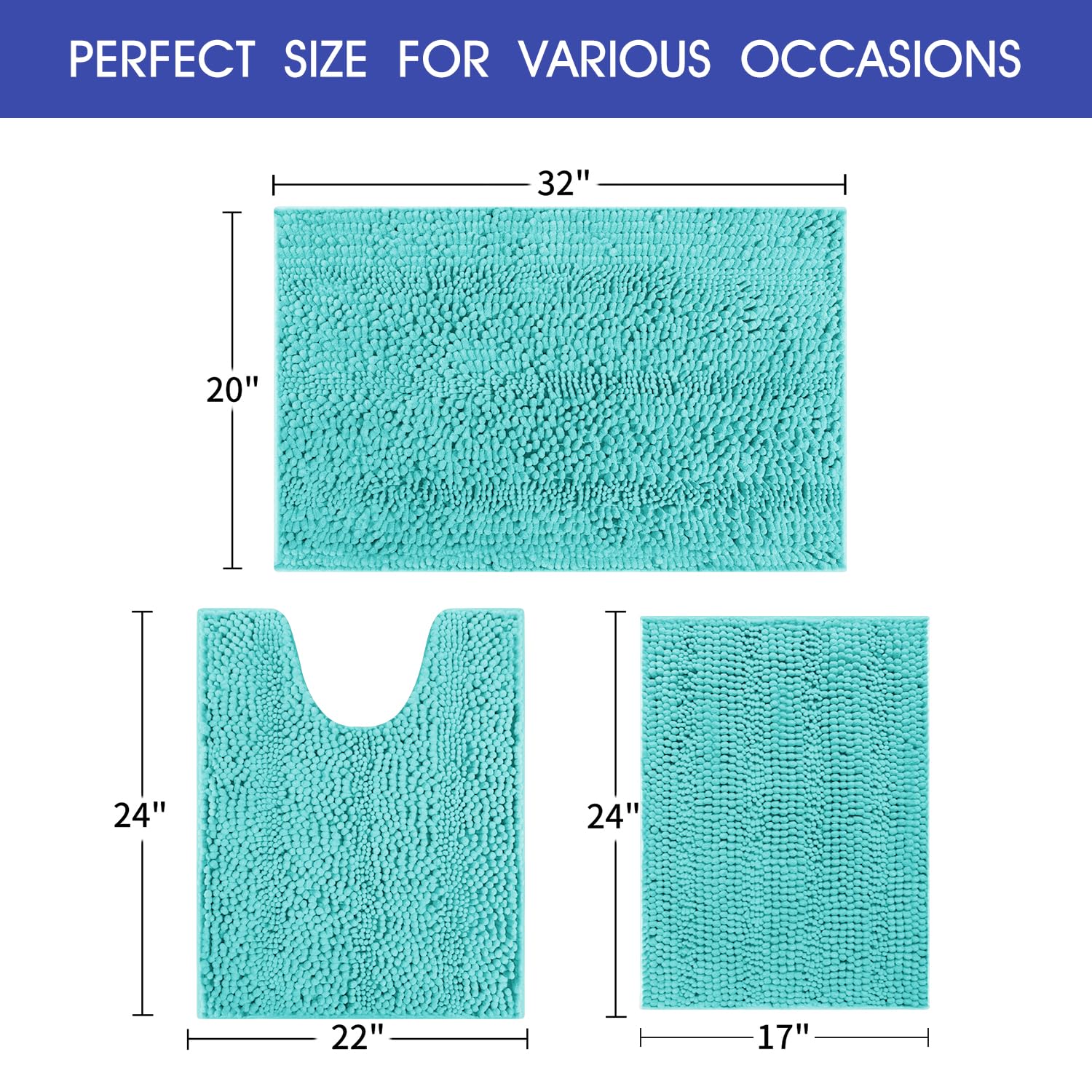 Accumtek Striped Teal Green Bathroom Rug Set 3 Pieces Ultra Soft, Non Slip Chenille Toilet Mat, Absorbent Plush Shaggy Bath Mats