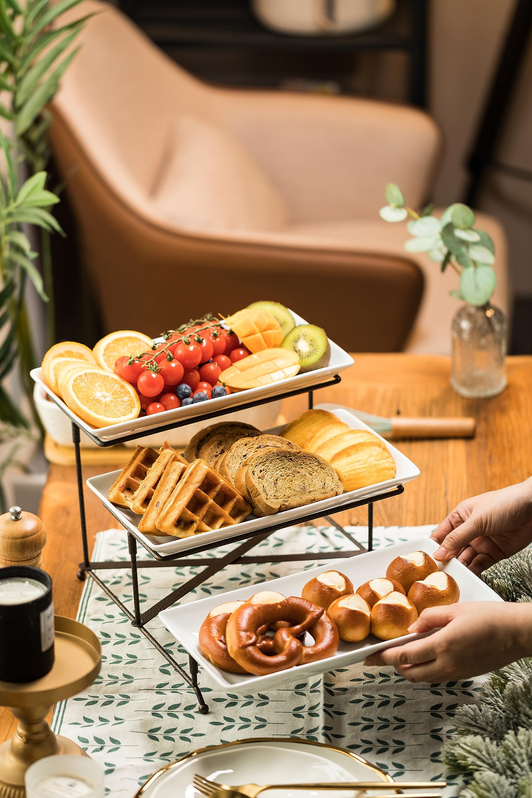 Lauchuh 3 Tier Serving Tray Porcelain Tiered Serving Stand Collapsible Sturdier Rack With 3 Serving Platters & 2 Cross Bars For
