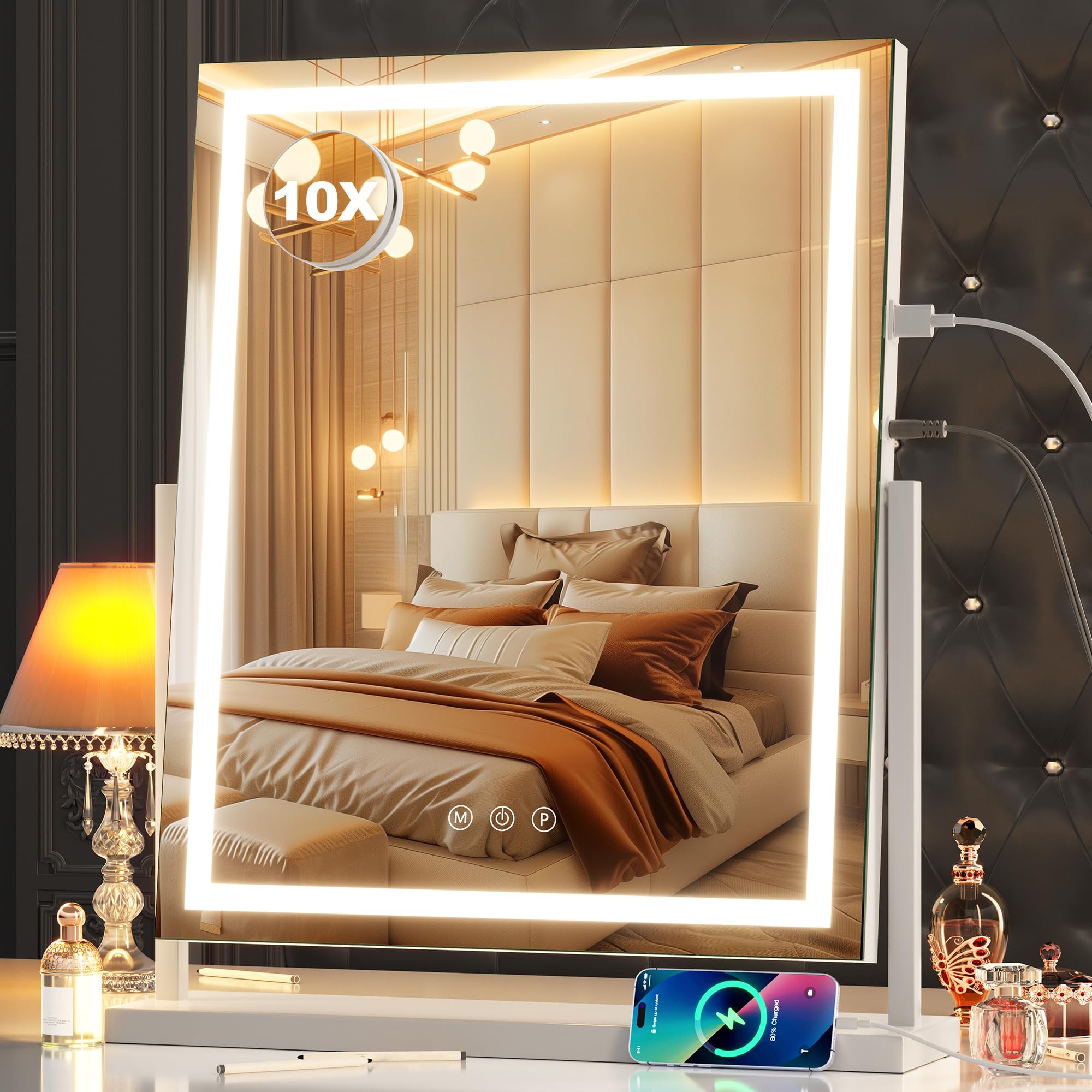 Hasipu Vanity Mirror With Lights, Lighted Makeup Mirror With 10X Magnification, Dimmable 3 Modes, Touch Screen Control, Led Make