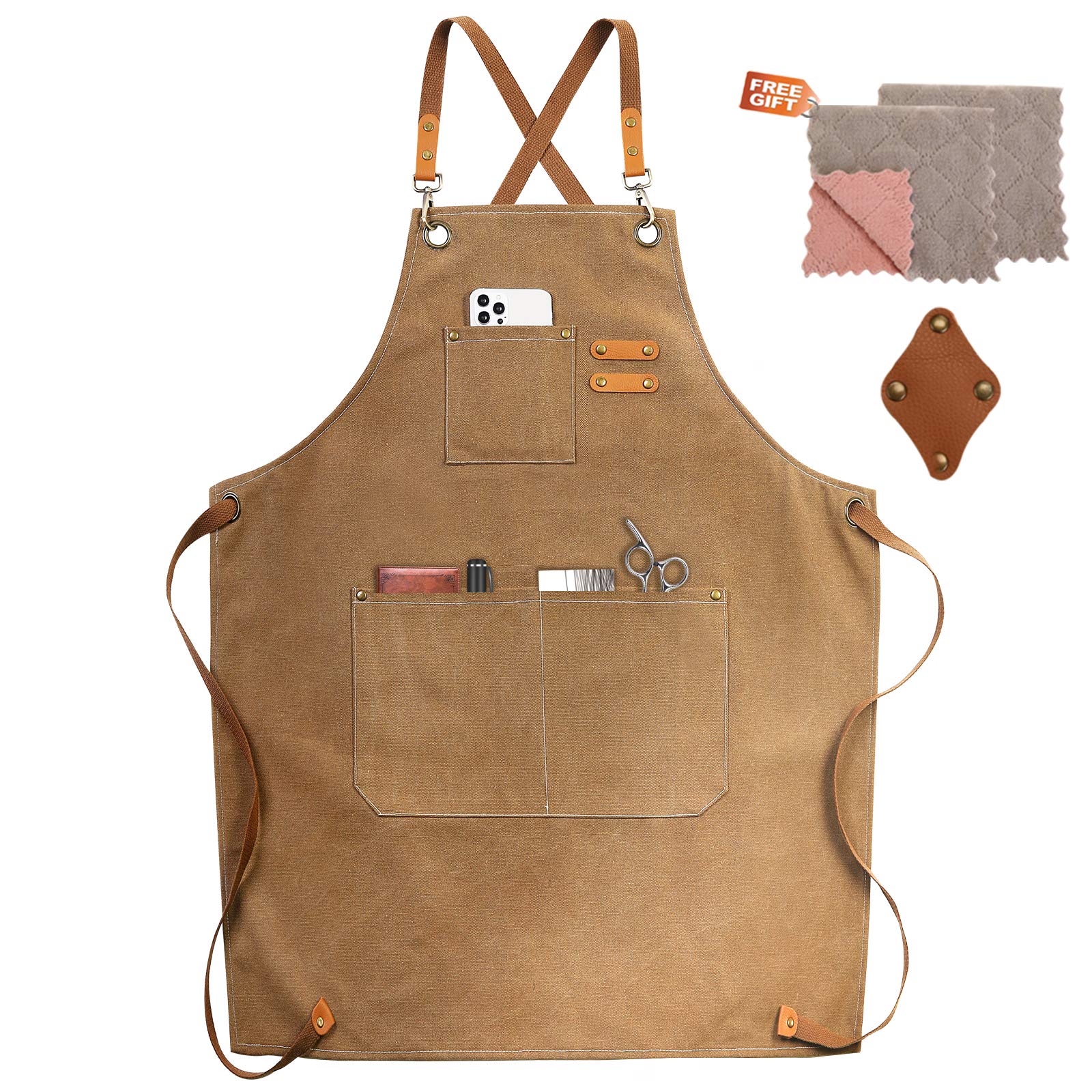 Zomao Chef Apron, Cotton Canvas Cross Back Apron With Pockets For Women And Men,Adjustable Strap And Large Pockets Apron,Kitchen