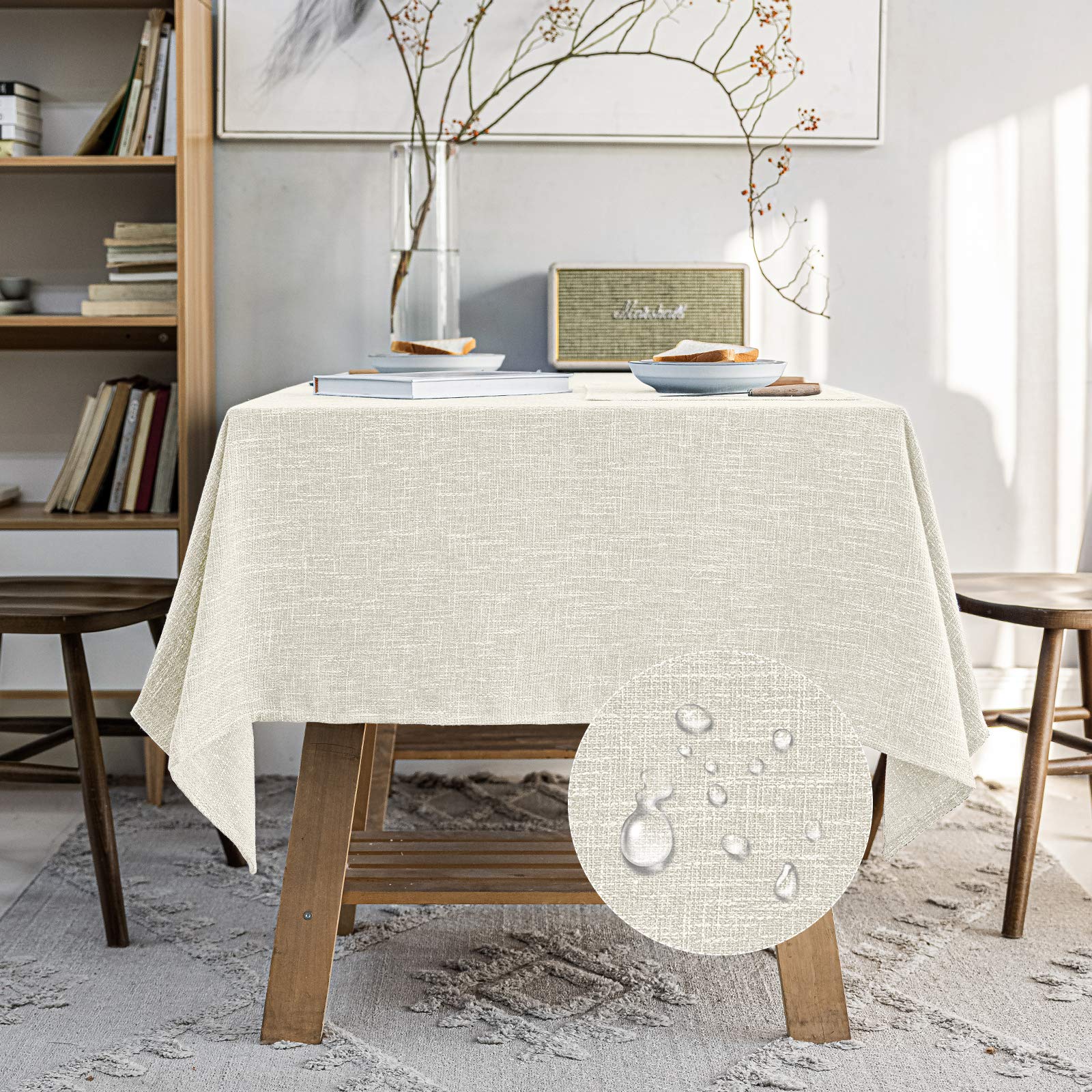 Jsfly Waterproof Cotton Linen Tablecloths Round Dining Table Cloth, Wipe Clean Indoor & Outdoor Table Cover For Buffet Party And