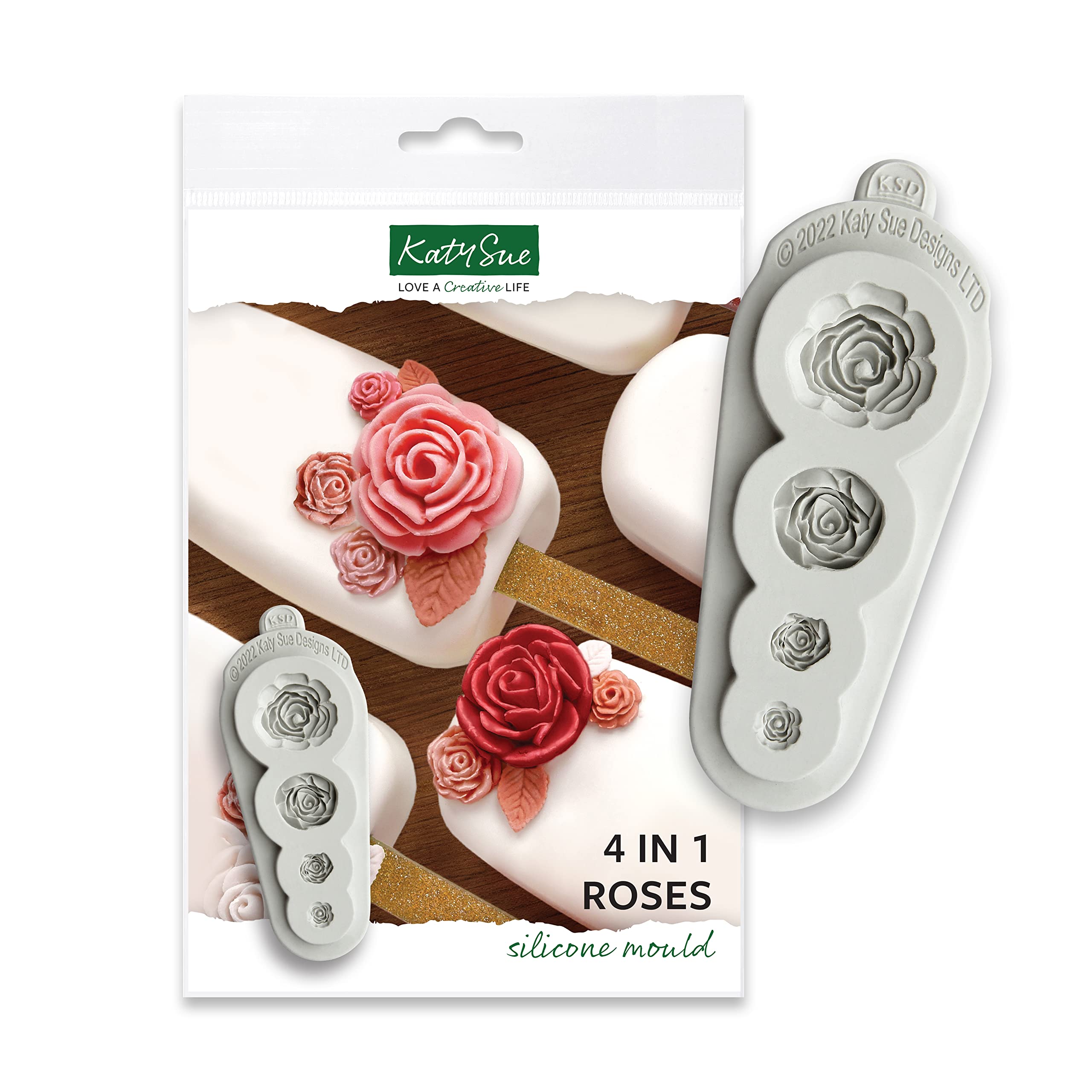 Katy Sue 4 In 1 Roses Silicone Mold For Cake Decorating & Crafts - Makes 4 Roses - Largest Rose 1.2 X 1.2 Inch, Smallest Rose 0.
