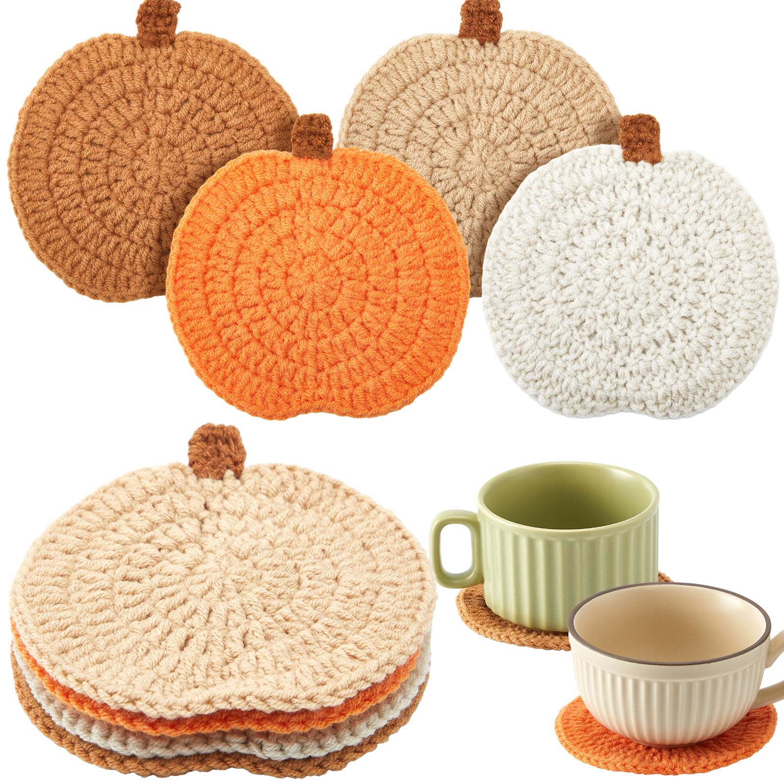 Hushee 4 Pcs Fall Coasters Crochet Thanksgiving Pumpkin Coaster 4.72 Inch Orange Home Decor Handmade Woven Pumpkin Drink Cup Pad