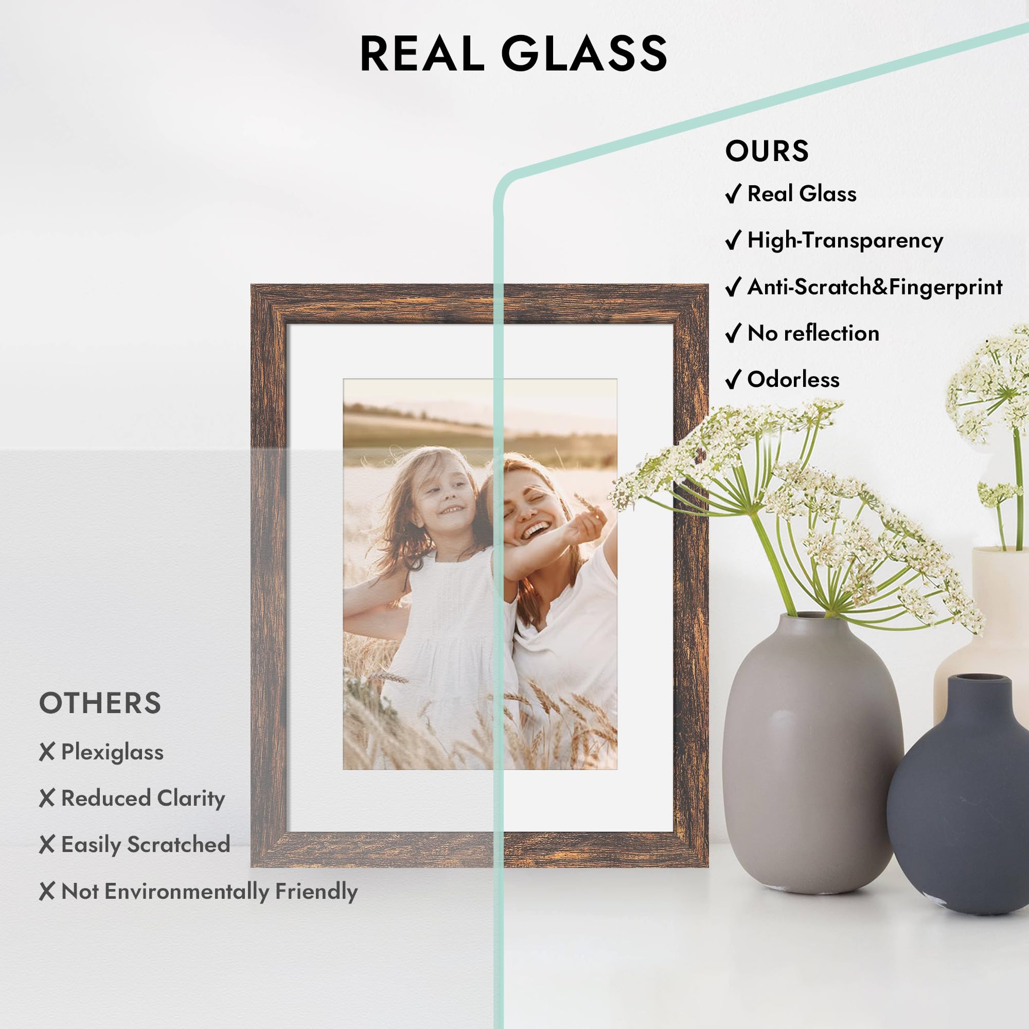 Hongkee 8x12 Picture Frame with Glass, Display Pictures 6x9 with Mat or 8 x 12 without Mat - Wall and Tabletop, 8 by 12 Photo Wo