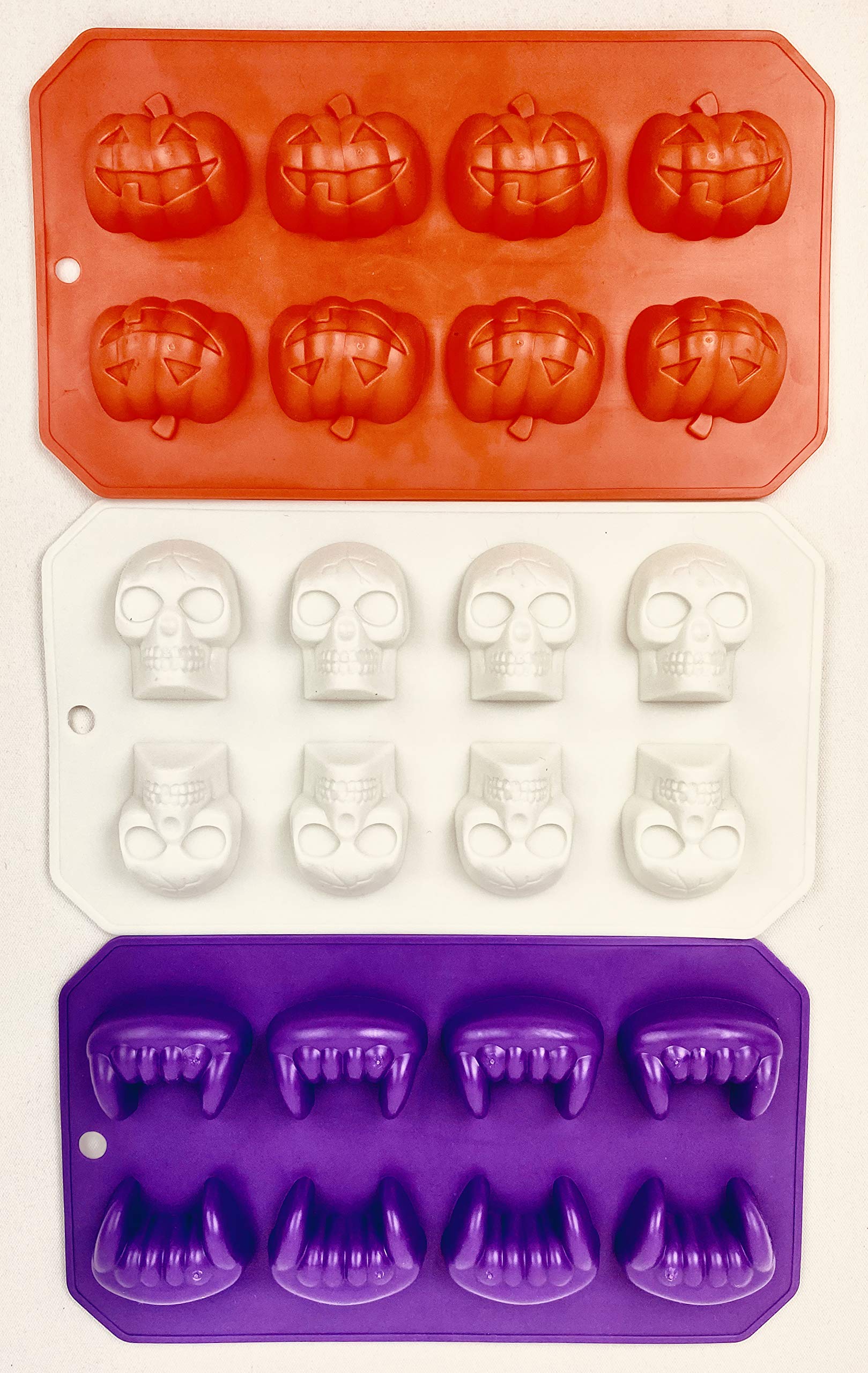 Halloween Fall Themed Set Of 3 Ice Cube Trays, Candy Mold, Jello Shot Skull/Fang/Pumpkin Shapes