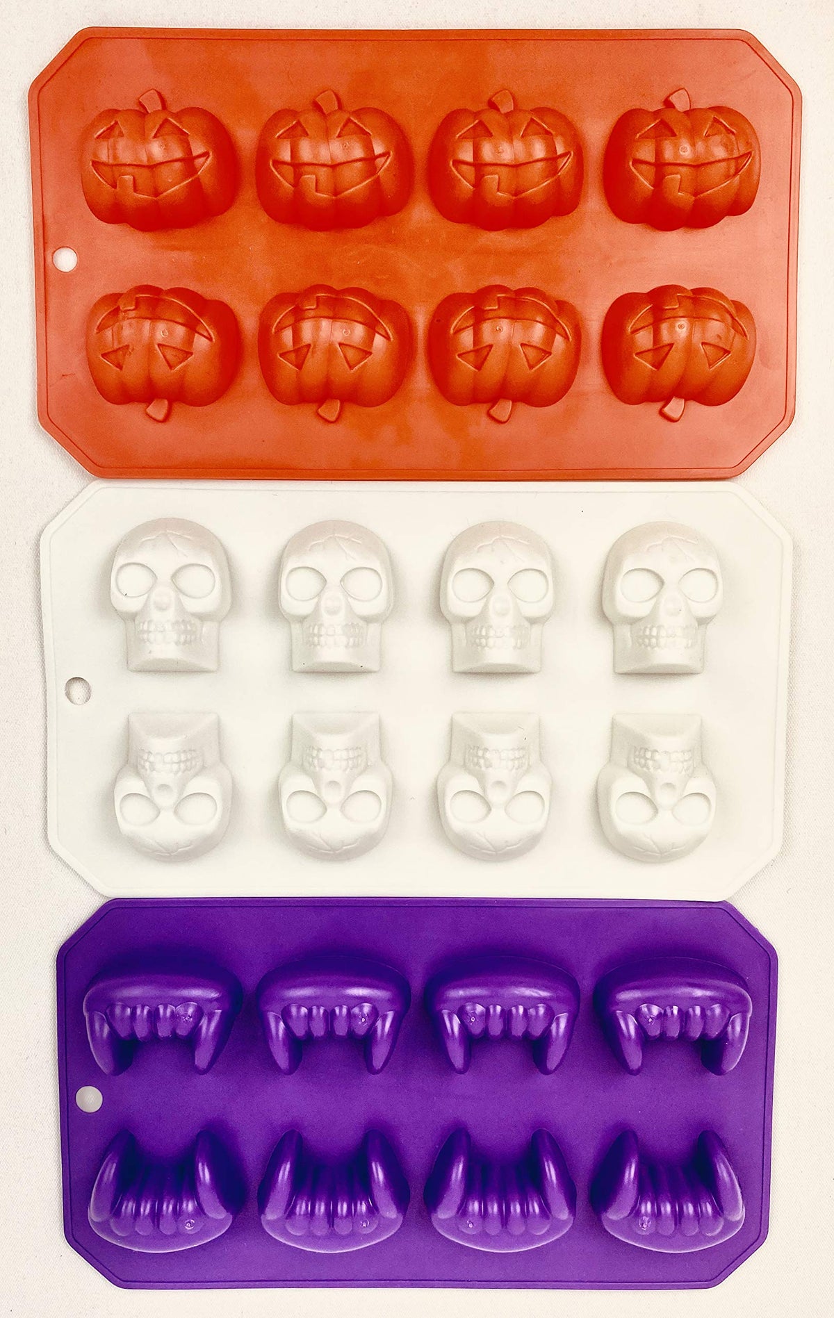 Halloween Fall Themed Set Of 3 Ice Cube Trays, Candy Mold, Jello Shot Skull/Fang/Pumpkin Shapes