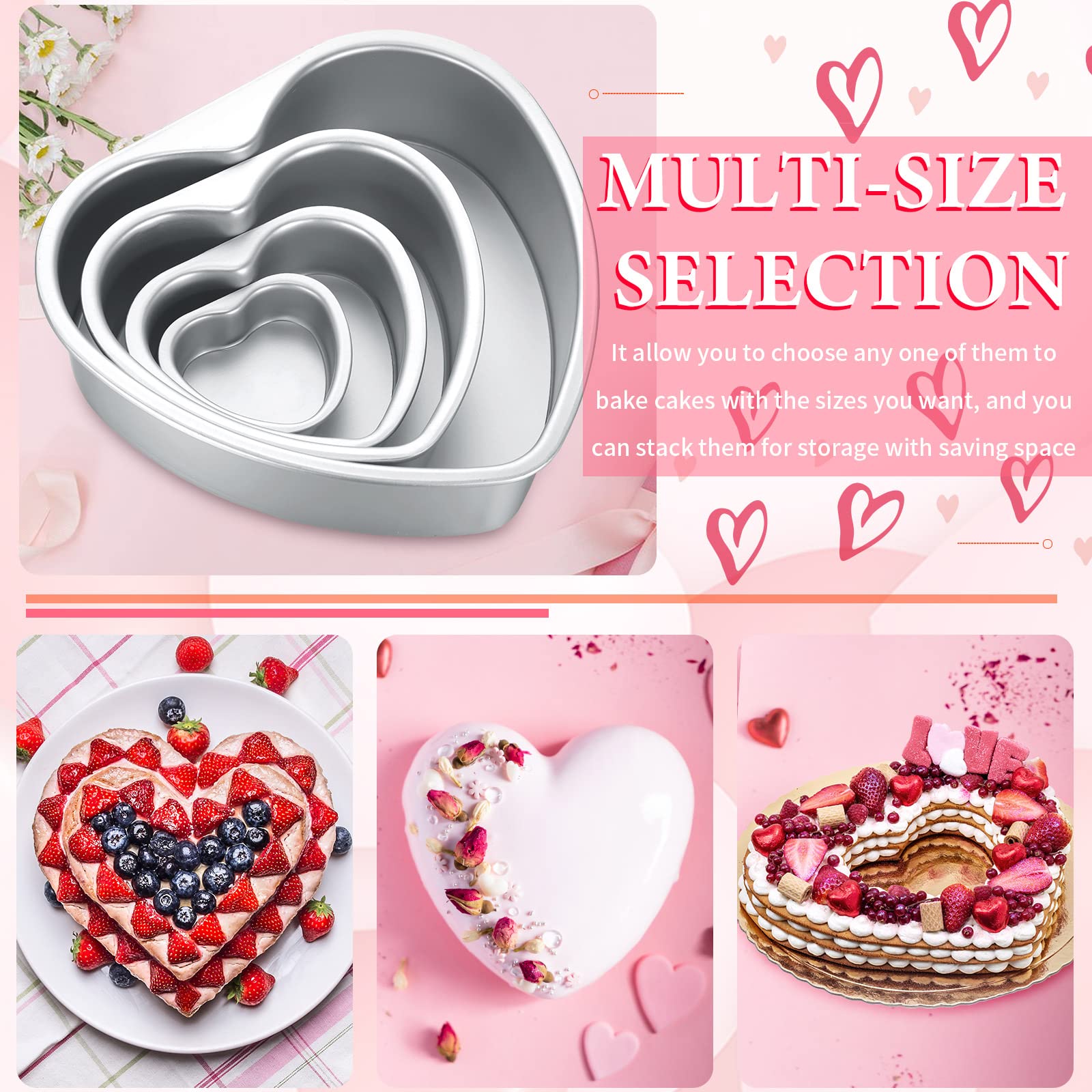 Sieral 7 Pcs Aluminum Heart Shaped Cake Pans Set 3/4/ 5/6/ 8/10 Inch Diy Nonstick Baking Pan With Removable Bottom Cake Dessert