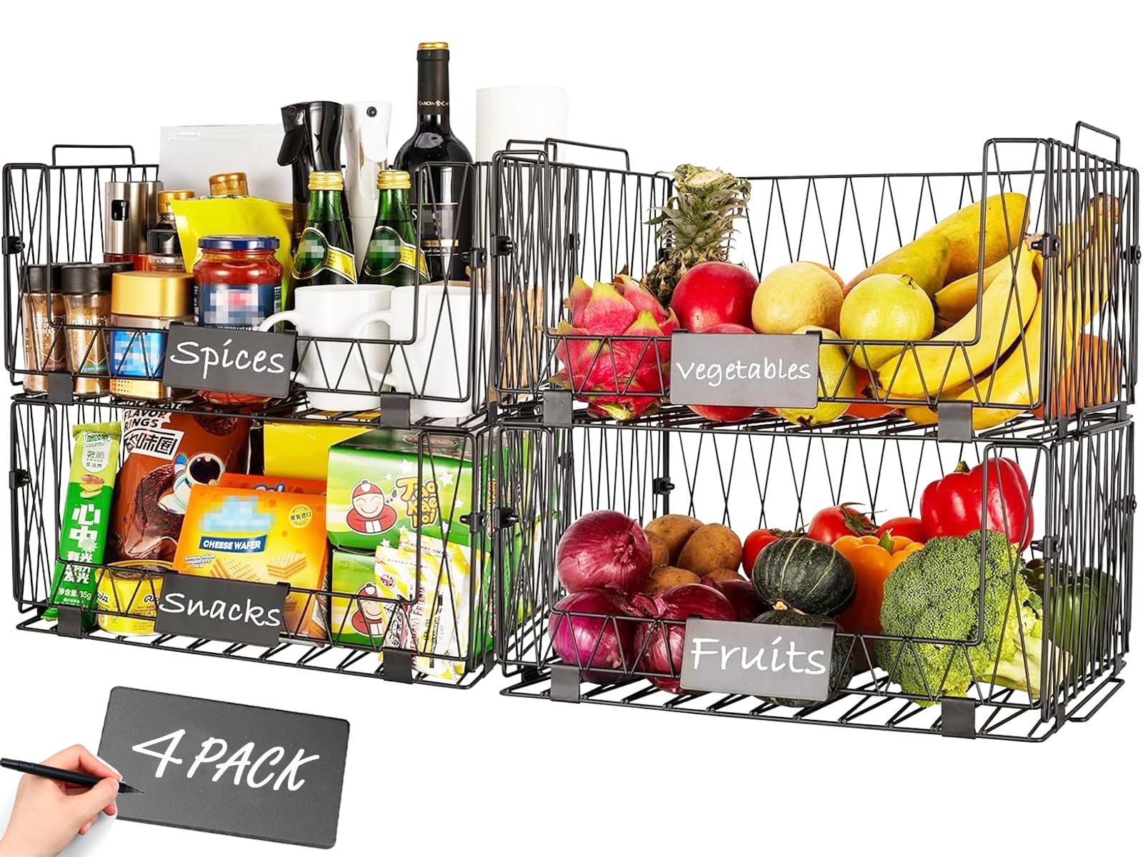 Dxlac 4 Packs Kitchen Organization And Storage Pantry Baskets, Fruit & Vegetable Basket For Kitchen Cabinet, Stackable Wire Bask
