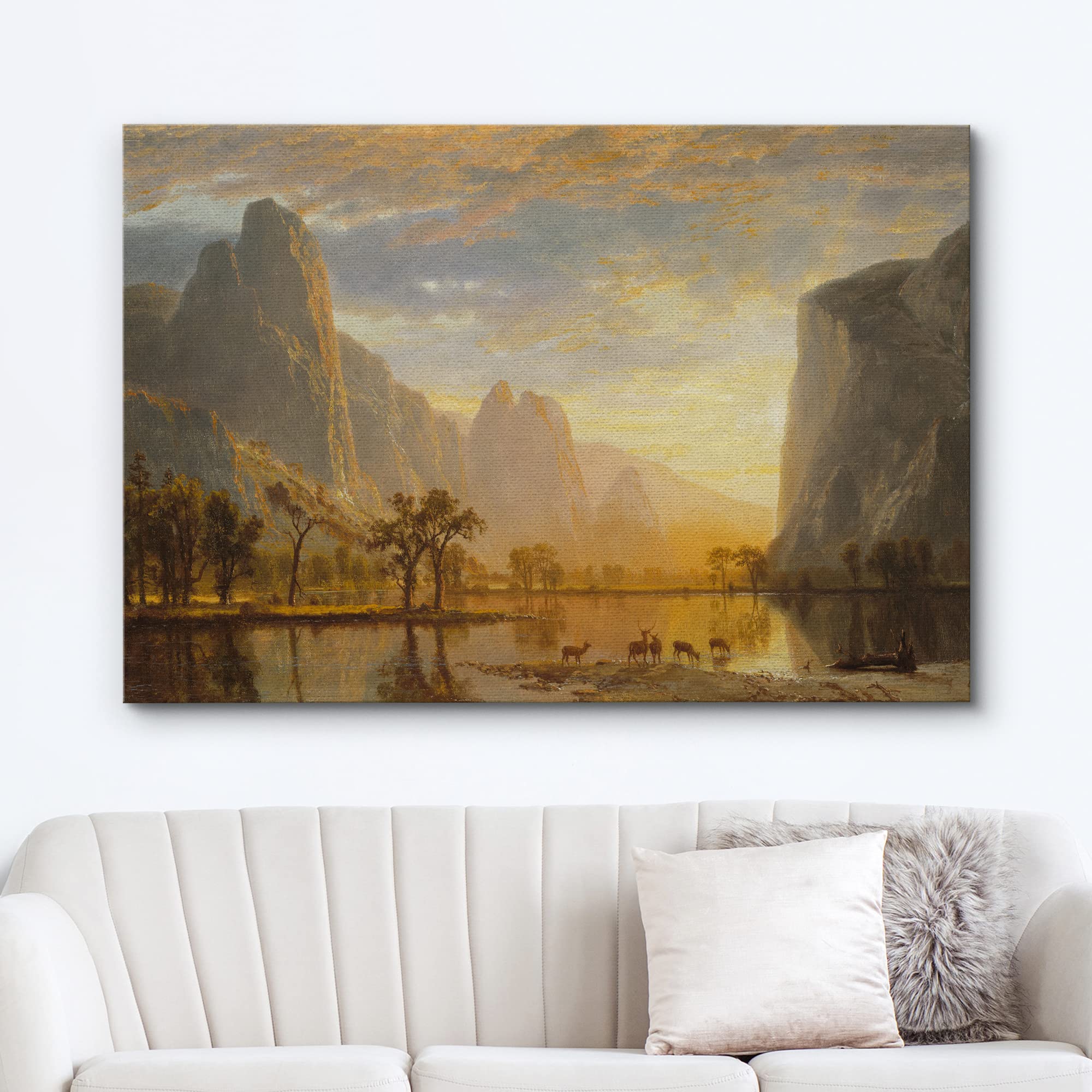 Wall26 Canvas Print Wall Art Golden Hour Over Mountain Landscape & Deer Nature Wilderness Illustrations Modern Art Rustic Scenic